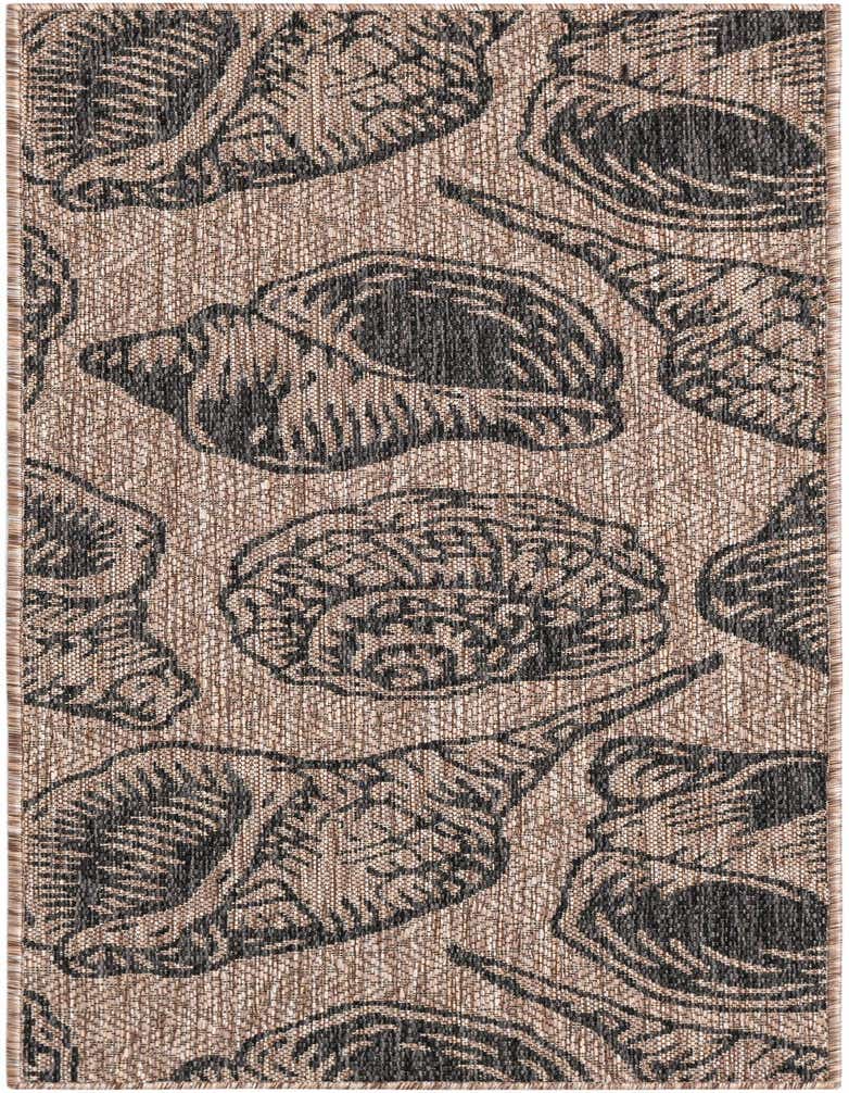 A 5 ft runner rug featuring a black and brown coastal seashell pattern on a flatweave texture, suitable for a hallway or patio.