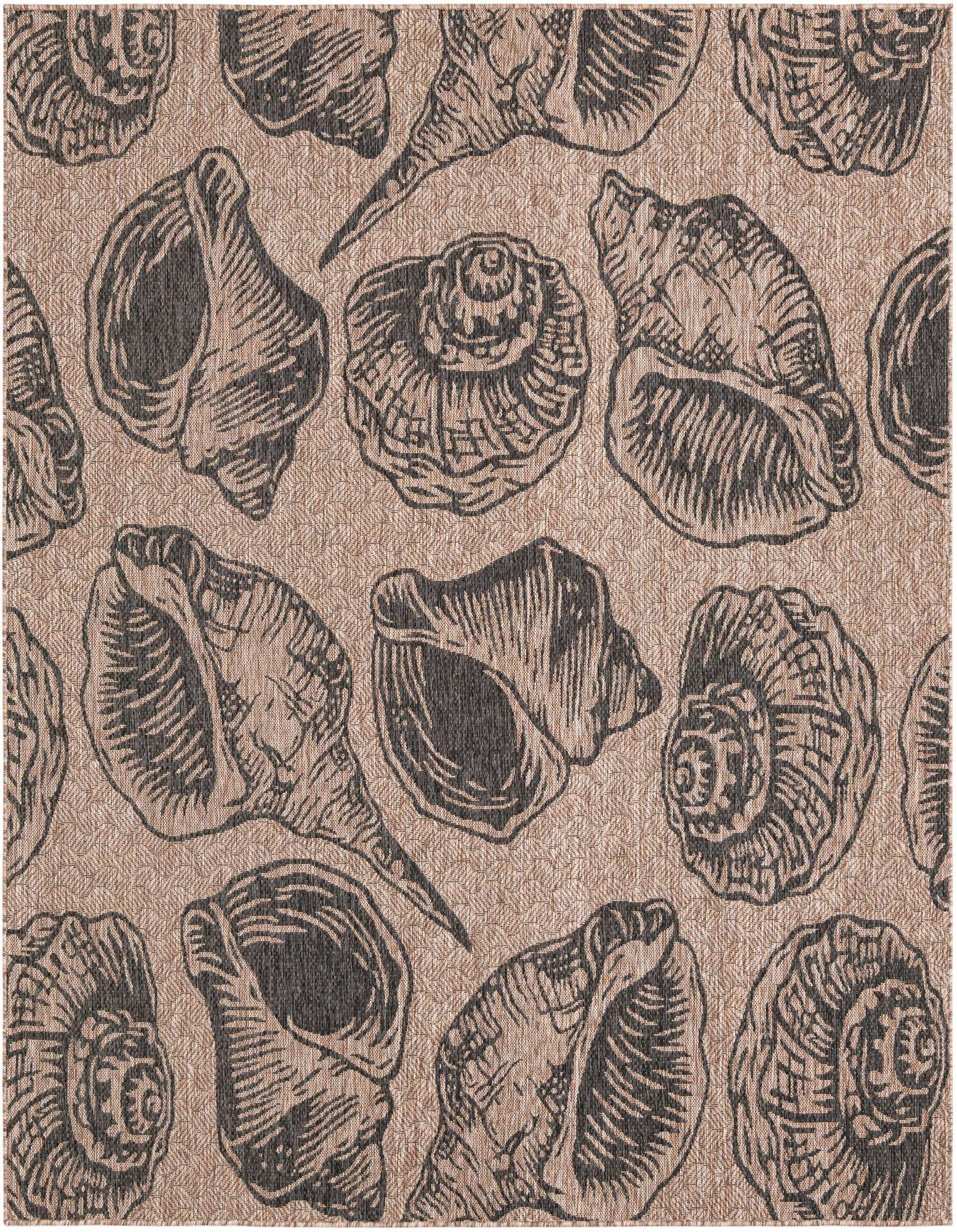 A square 7' 10 x 7' 10 Rugs.com Outdoor Coastal rug with a tan background and black seashell patterns, suitable for a patio.