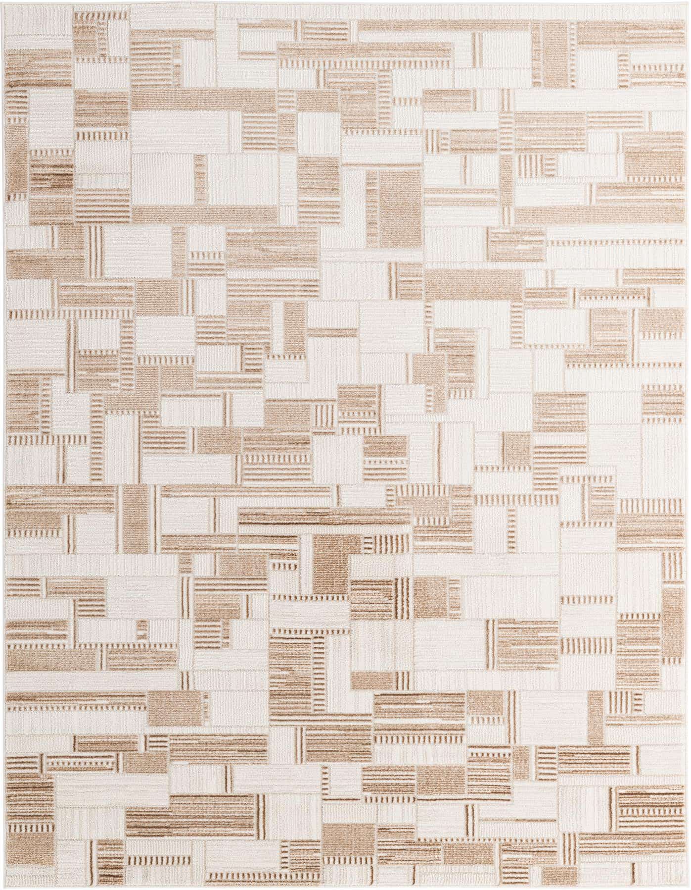 A 5x7 rectangular modern abstract rug featuring a geometric pattern of tan and off-white blocks with varying textures and stripe details.