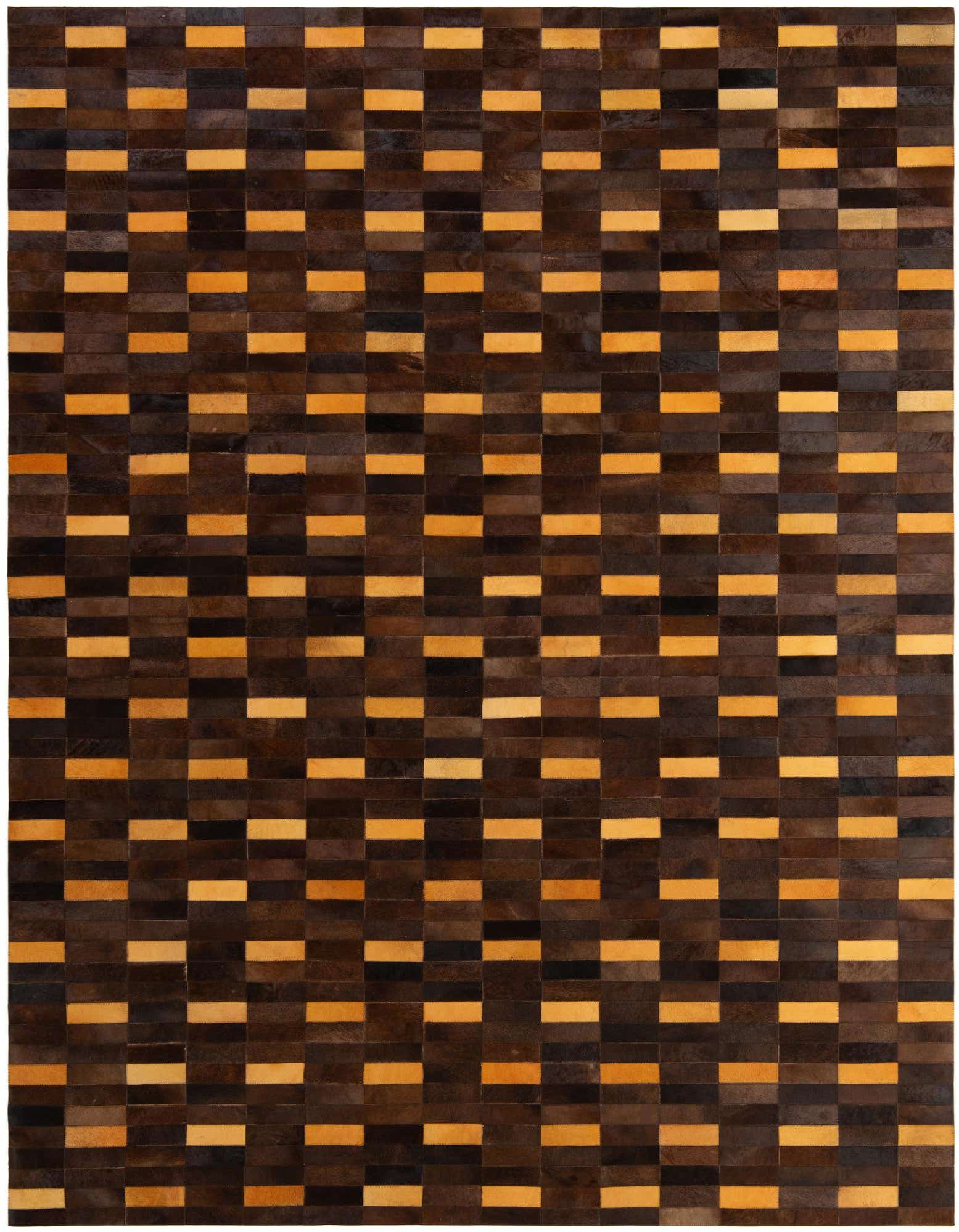 A rectangular 8x10 Cowhide Patchwork rug featuring a modern stripe pattern in varying shades of brown and orange.