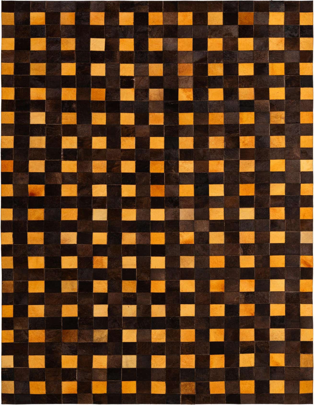 A 5x8 rectangular brown and orange modern cowhide rug with a checkerboard patchwork pattern, ideal for a living room.