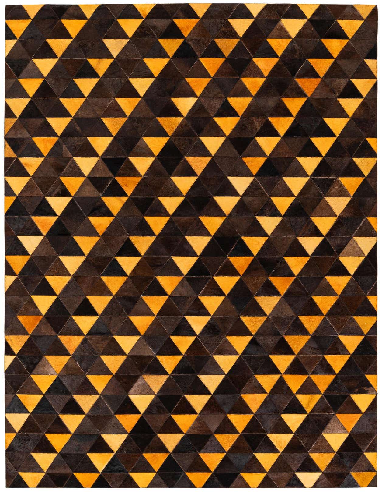 A 5x8 rectangular Cowhide Stocks rug featuring a modern geometric pattern of alternating brown and orange triangles.