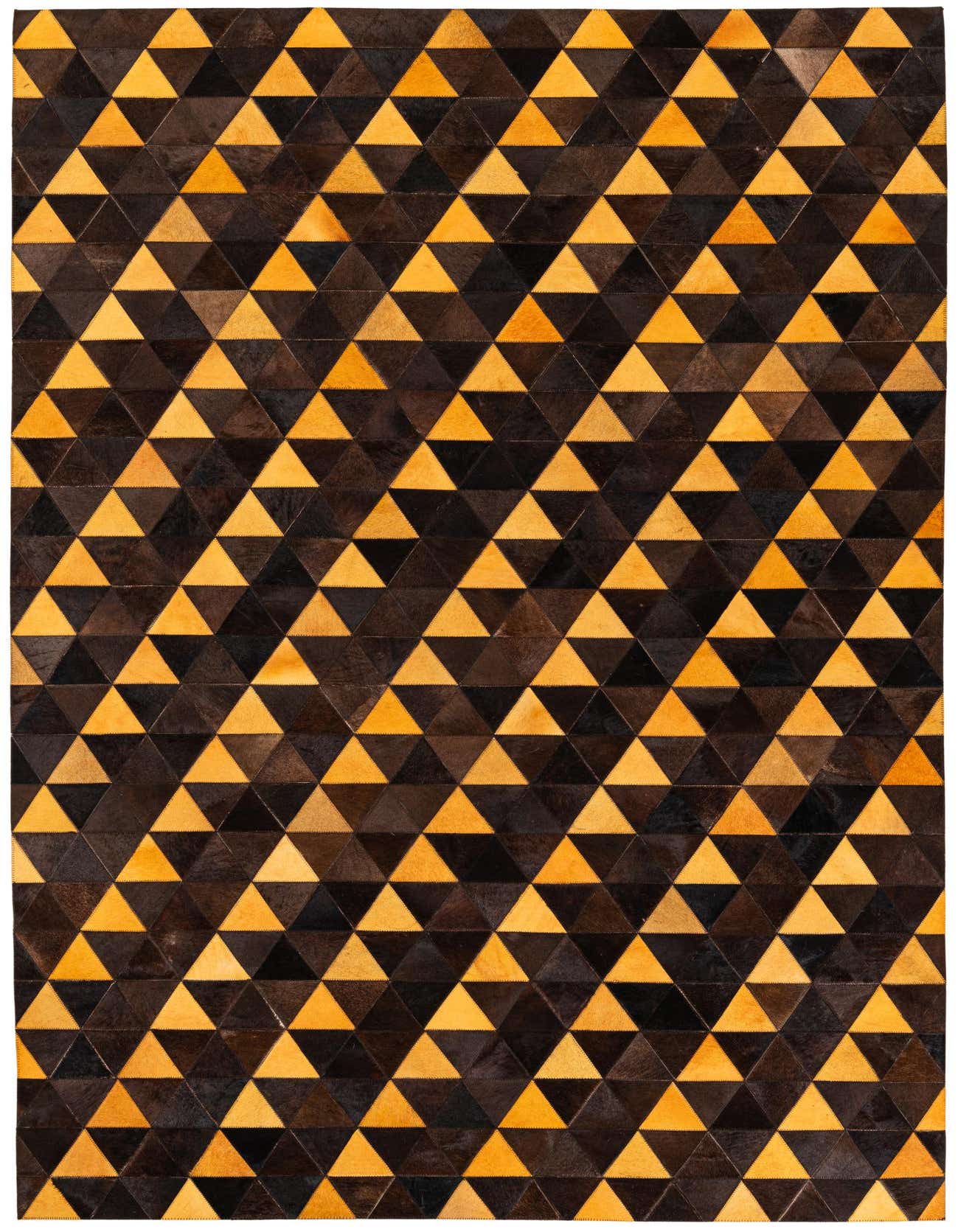 A 5x8 rectangular Cowhide Stocks rug featuring a modern geometric pattern of alternating brown and orange triangles.
