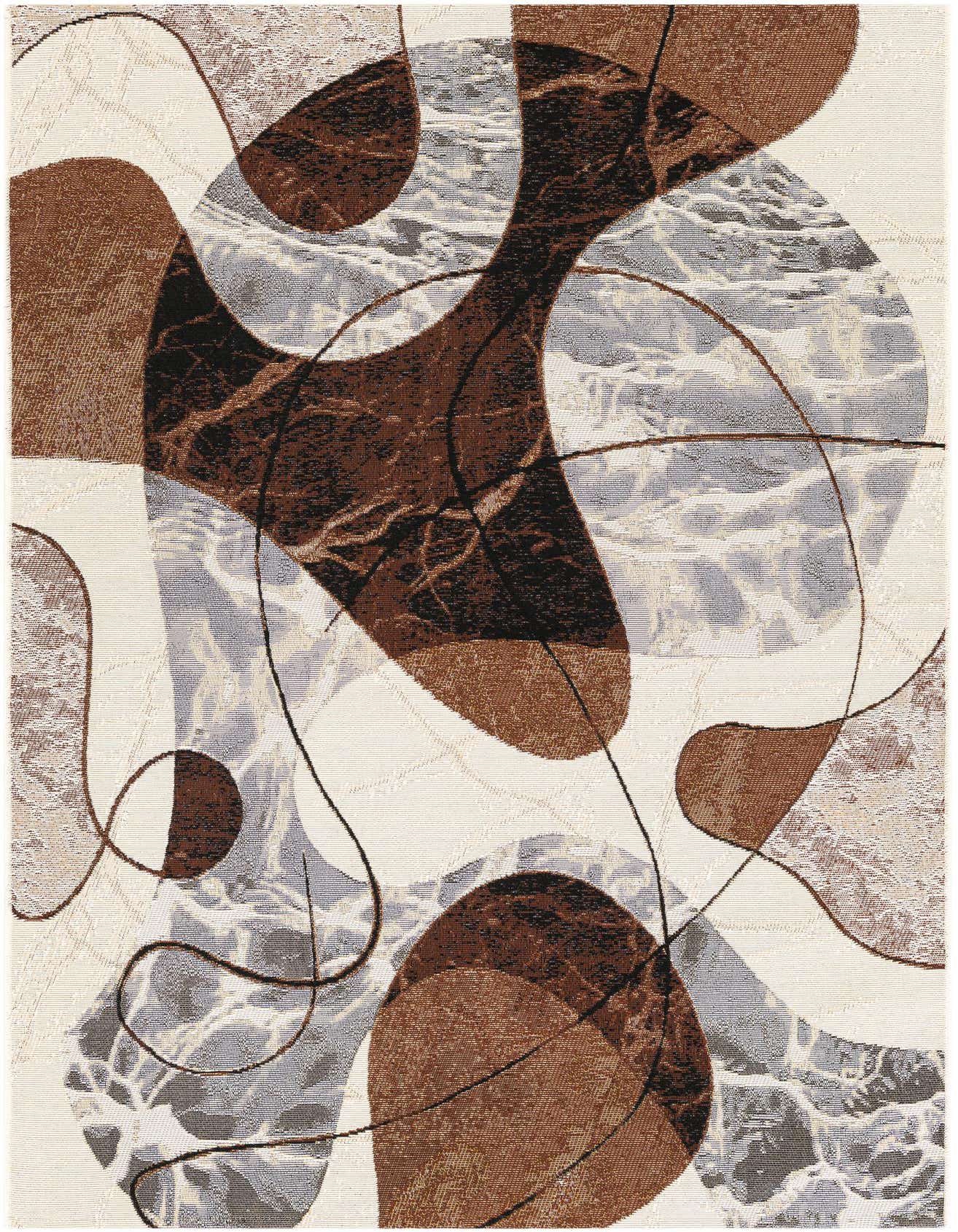 A 4x6 rectangular indoor/outdoor rug featuring an abstract pattern of brown, tan, and white organic shapes with thin black lines.