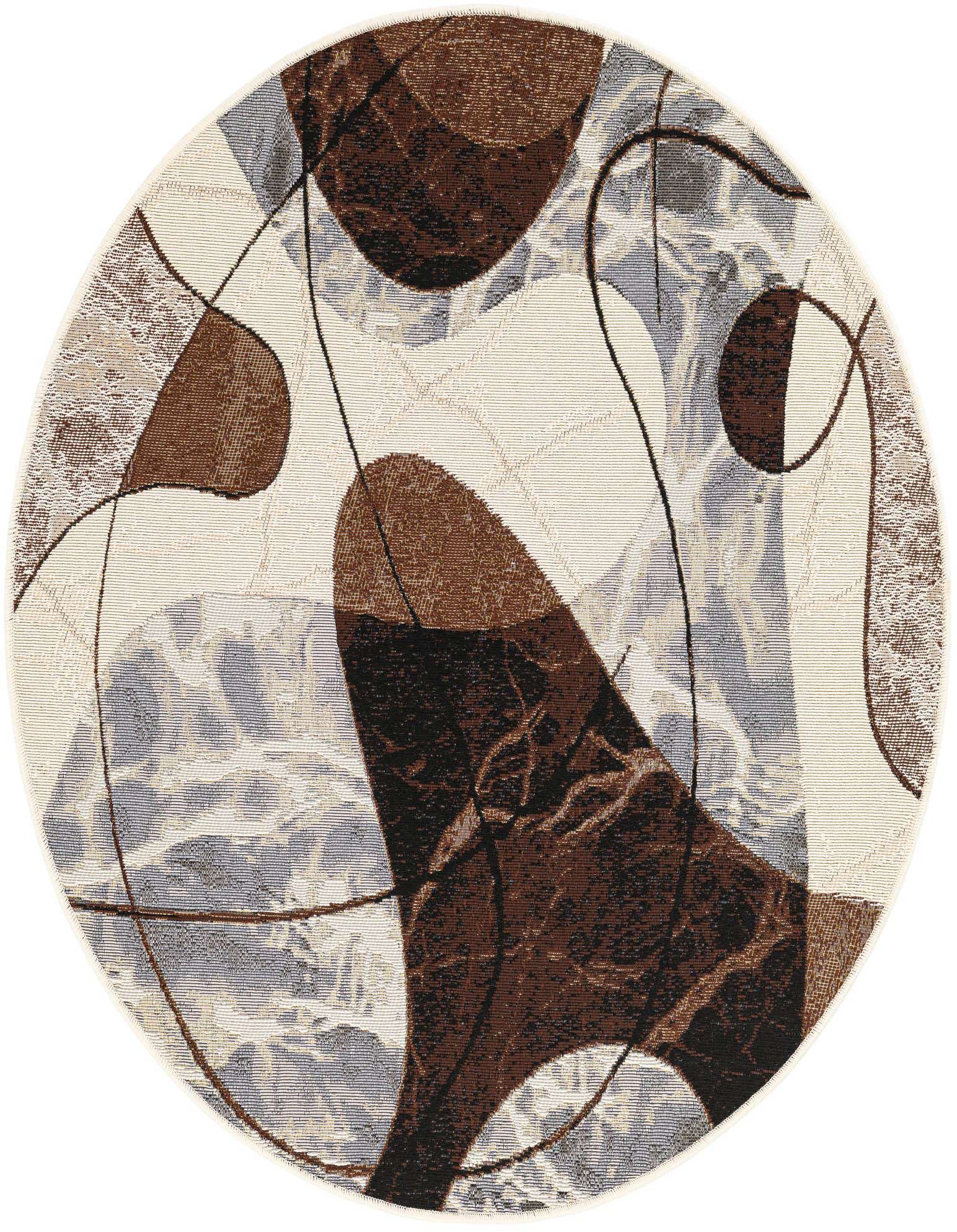 A 4' round indoor/outdoor rug with a modern abstract pattern in shades of brown, tan, and white.