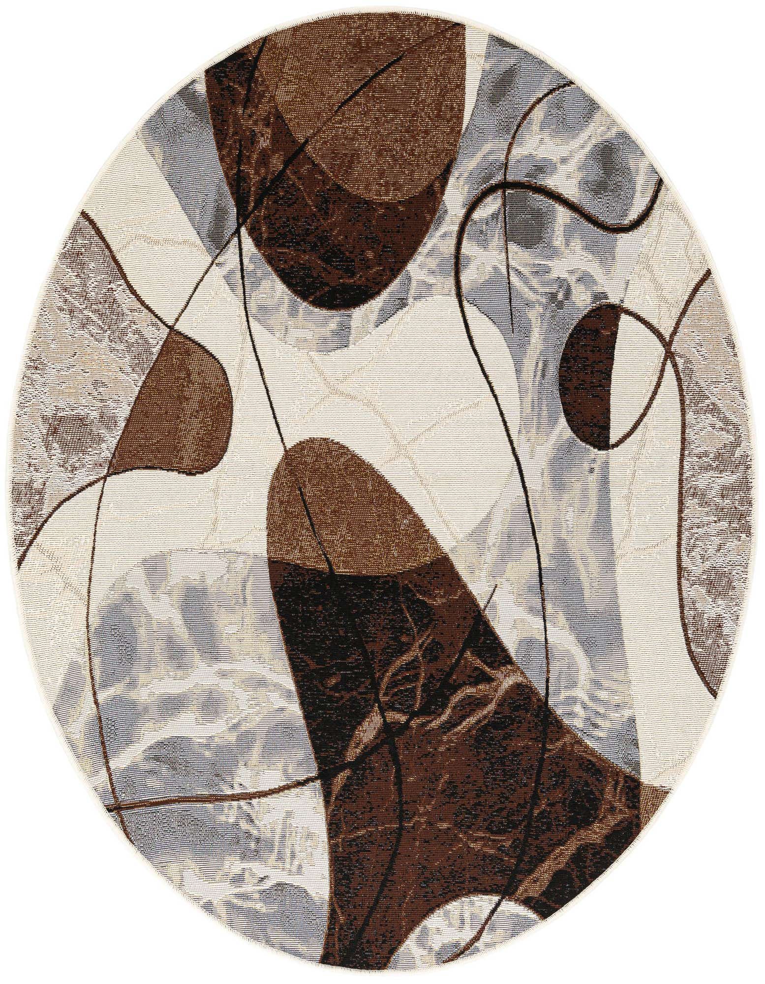 A 5' 0 round indoor/outdoor rug with an abstract pattern in shades of brown, tan, and white.