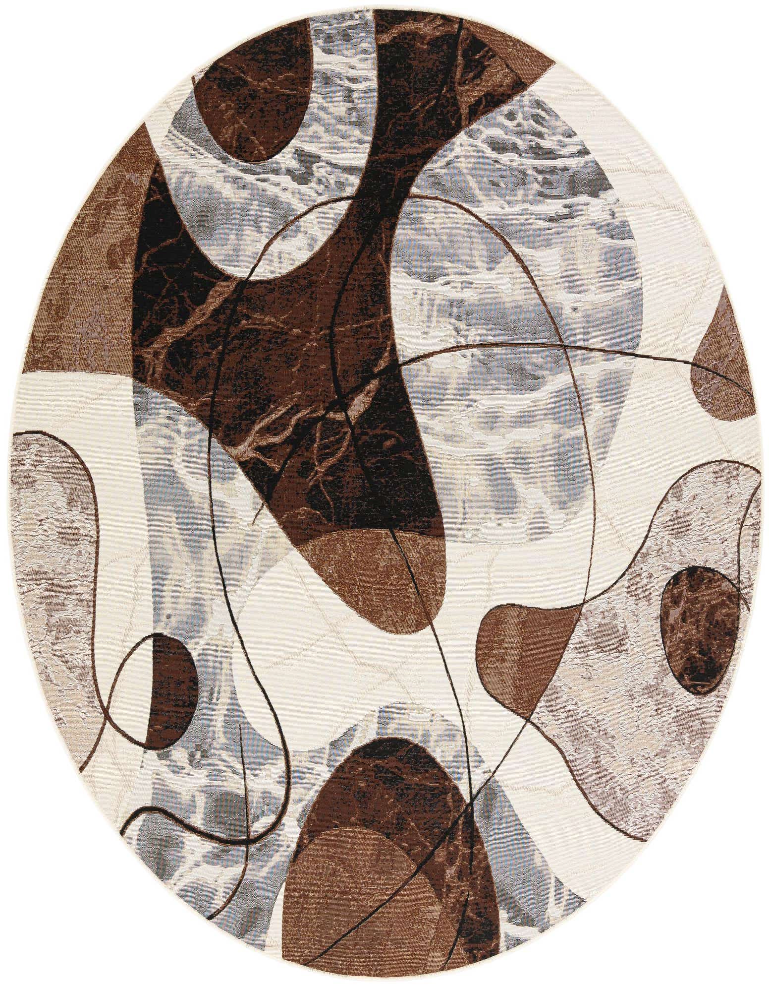 A round 8' 0 x 8' 0 Rugs.com Outdoor Modern rug with an abstract pattern in browns, tans, and whites, suitable for indoor/outdoor use.