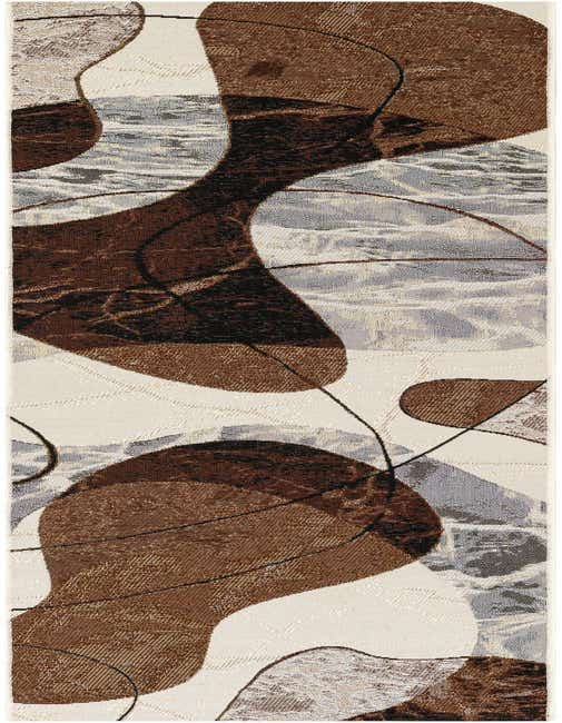 A brown, tan, and white 8 ft runner rug with an abstract modern pattern, suitable for a hallway or patio.