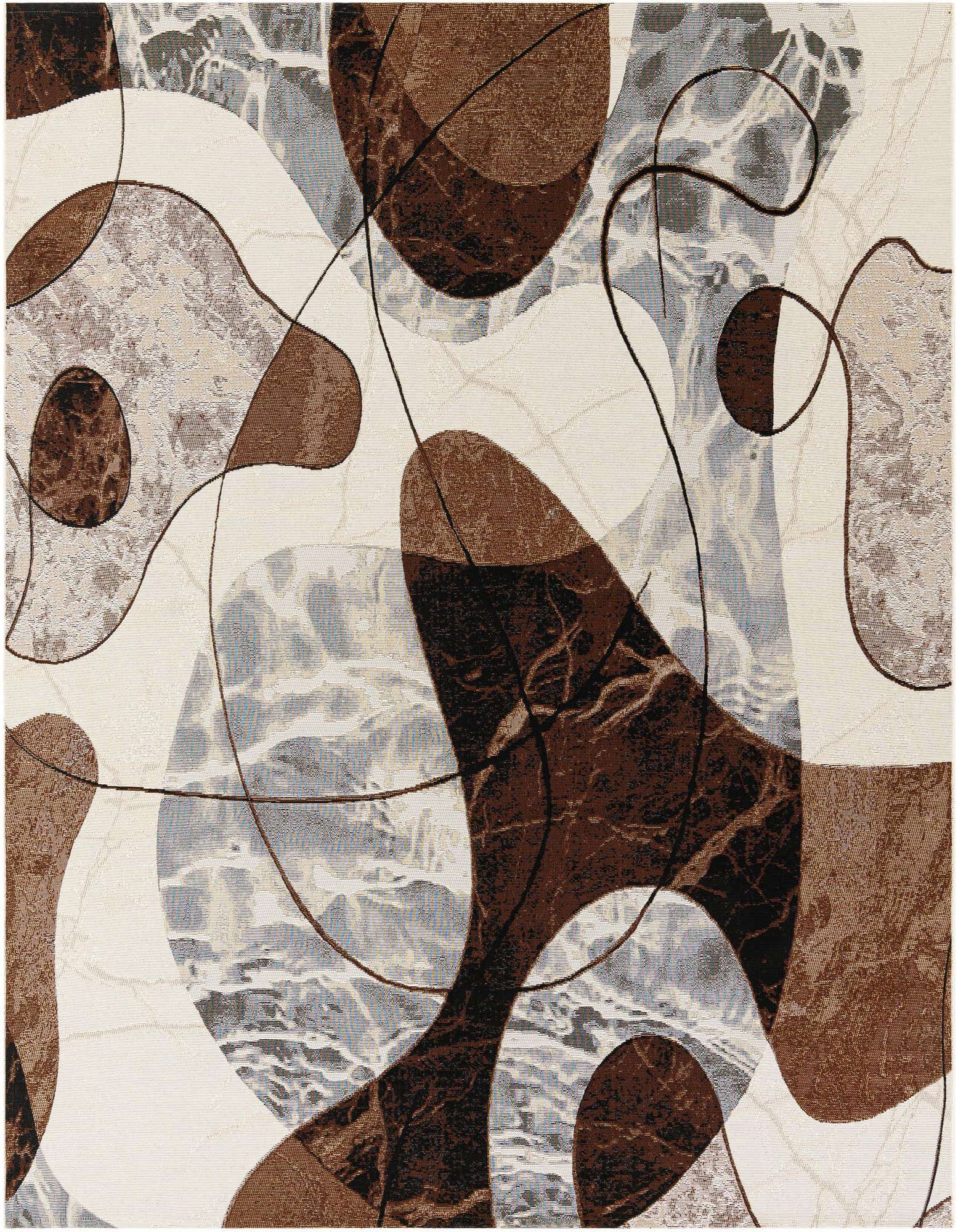 A square 8' x 8' brown and white abstract modern rug with organic shapes and wavy lines, suitable for indoor or outdoor use.
