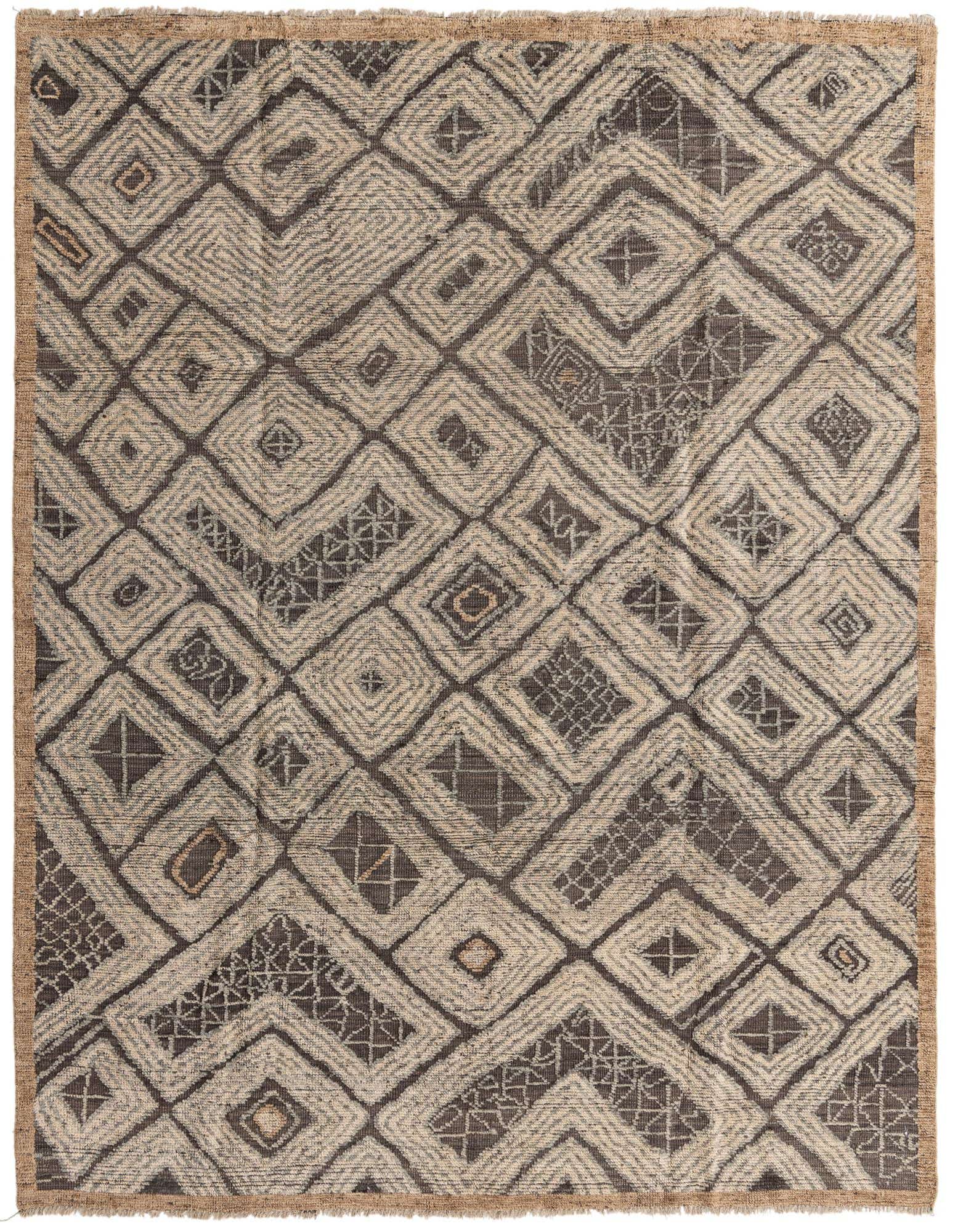 A rectangular 8x10 Darya rug with a modern abstract pattern in varying shades of brown and tan, featuring geometric diamonds and intricate designs.