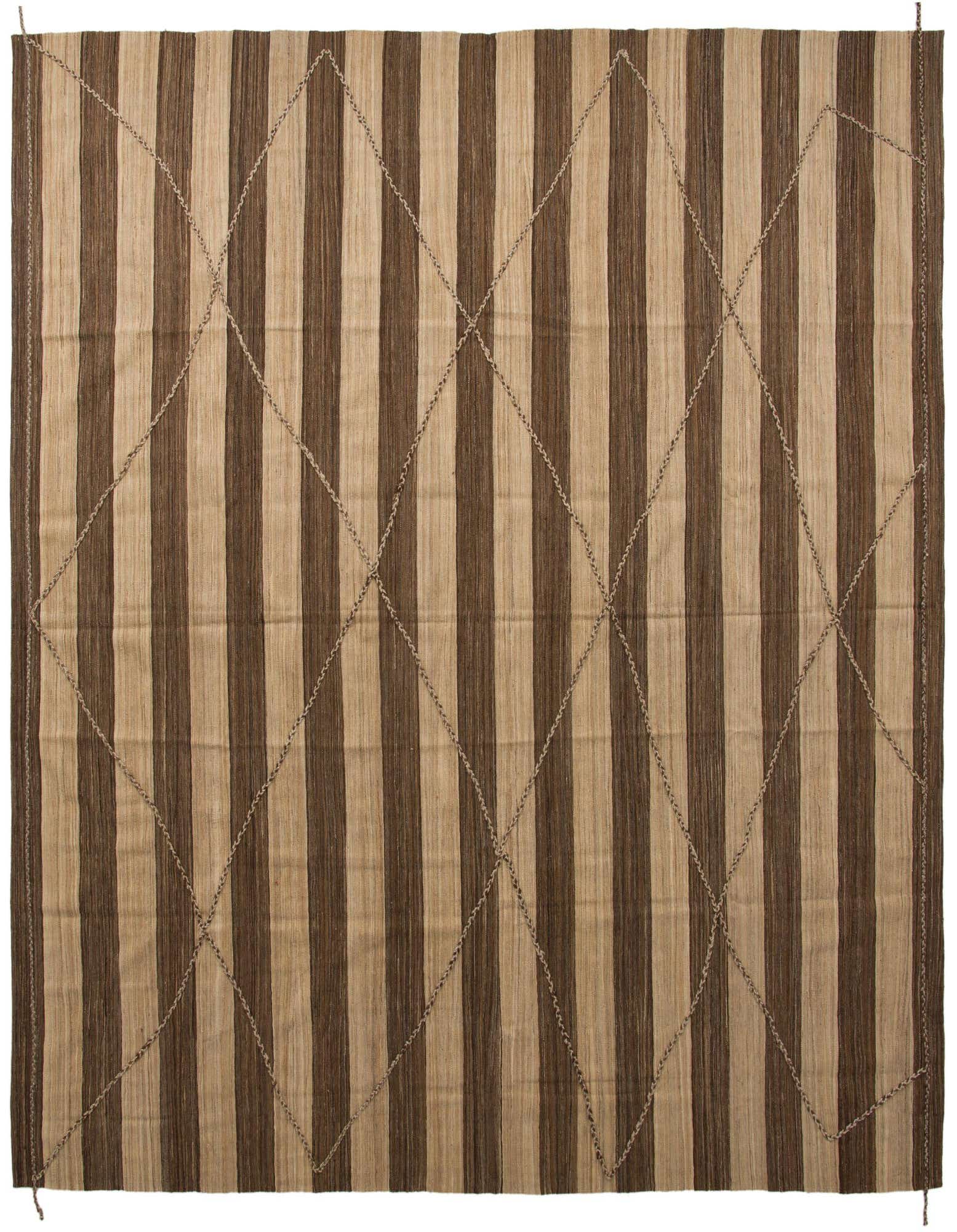 A large 13' 2 x 13' 8 square Moroccan shag rug featuring alternating brown and tan vertical stripes with a subtle diamond pattern overlay.