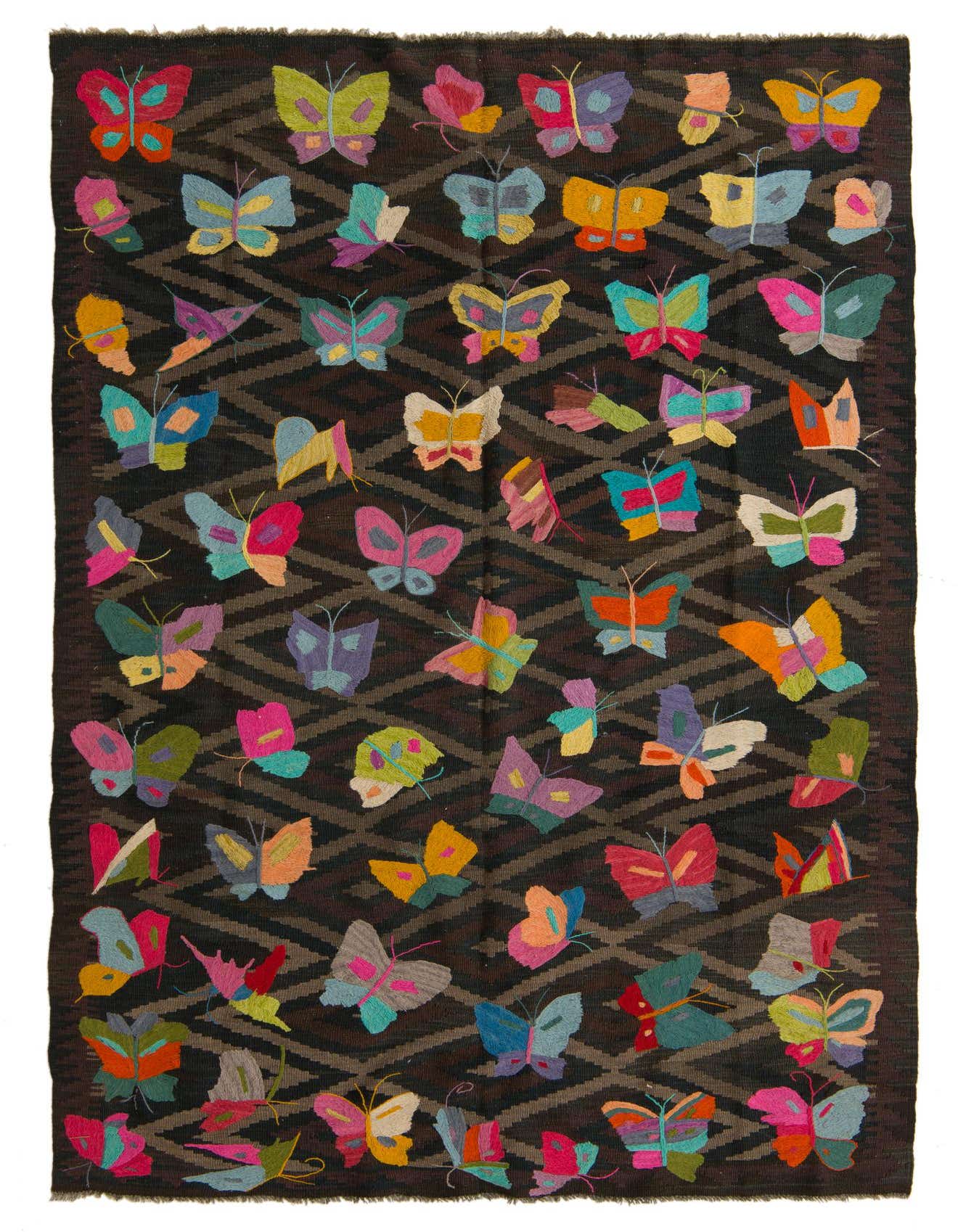 A 5x8 rectangular Kilim Suzani rug featuring a dark brown tribal pattern background with numerous colorful butterfly motifs.