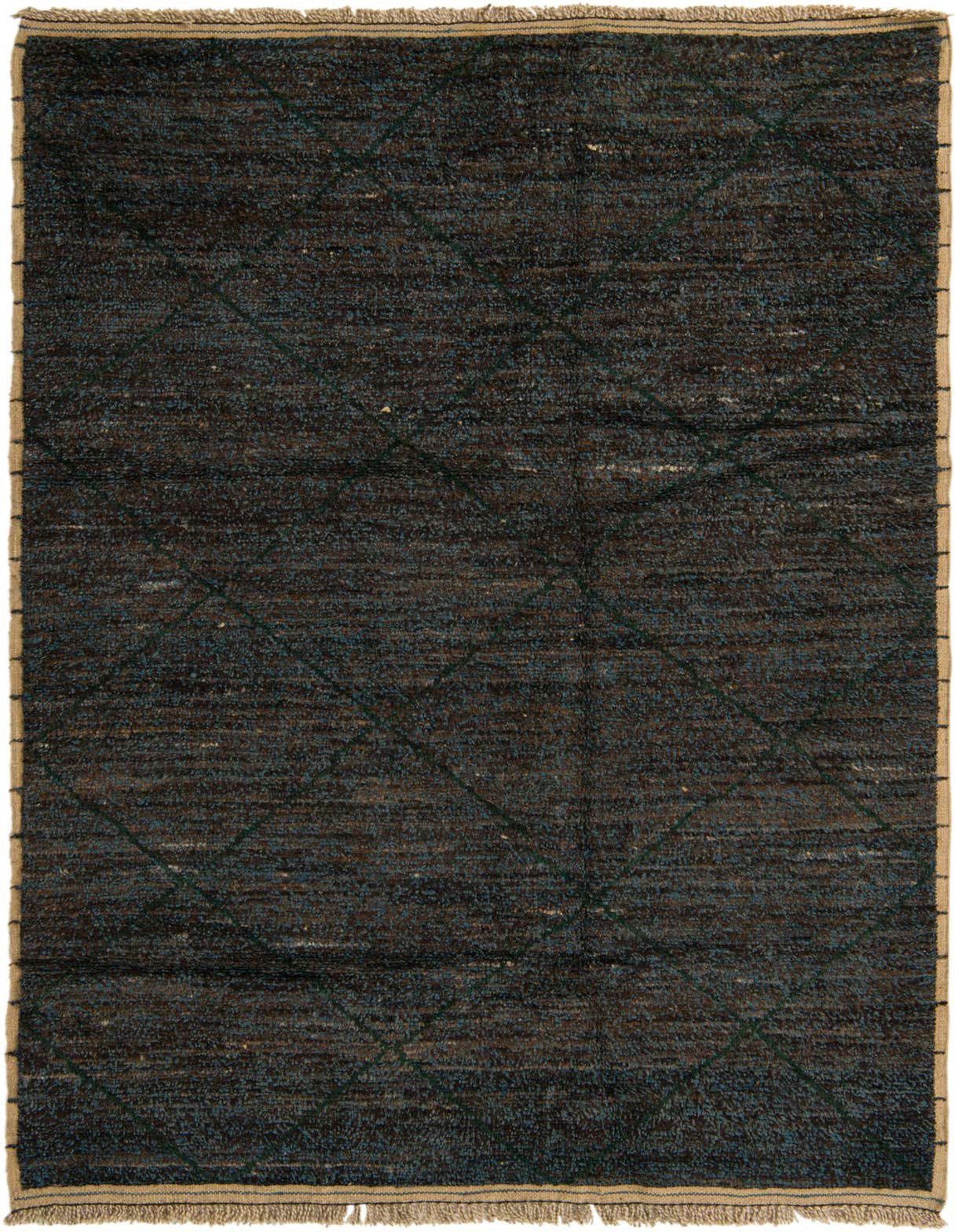 A 6x9 rectangular brown and blue shag rug with a subtle tribal diamond pattern, ideal for a living room.