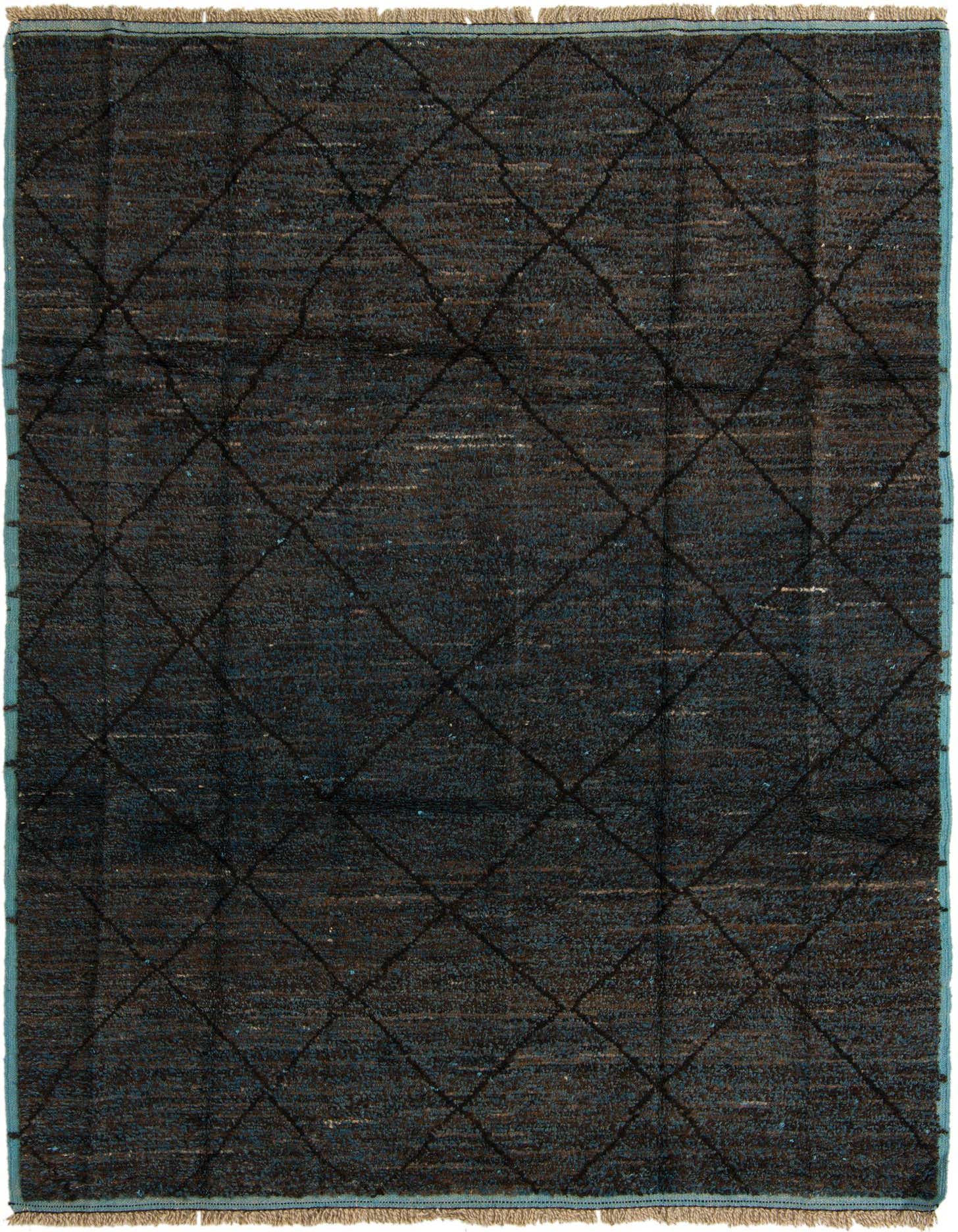A rectangular 8x10 brown and blue Moroccan shag rug with a subtle diamond tribal pattern and fringed edges.
