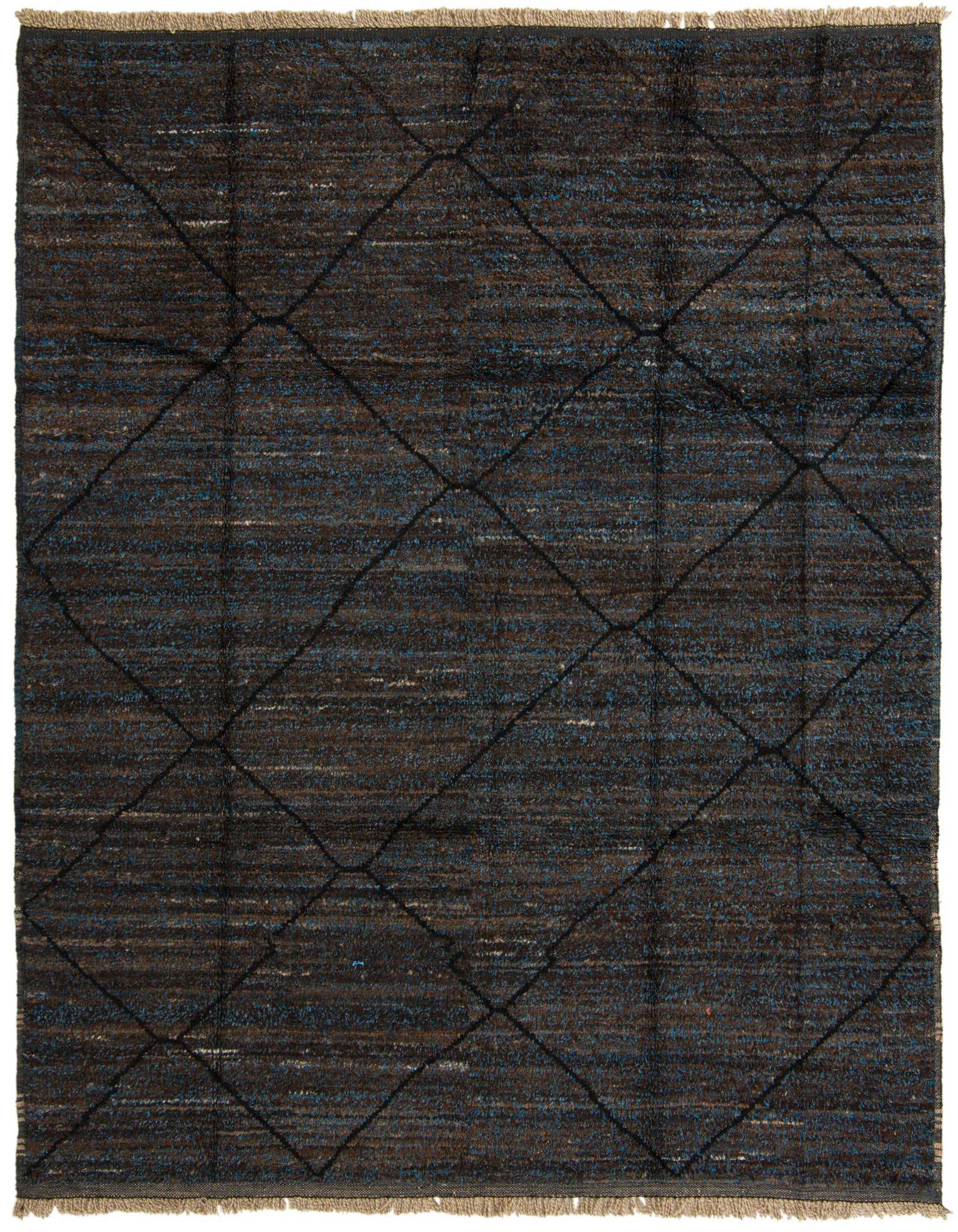 An 8x10 rectangular brown and blue shag rug with a dark tribal diamond pattern, ideal for a living room.