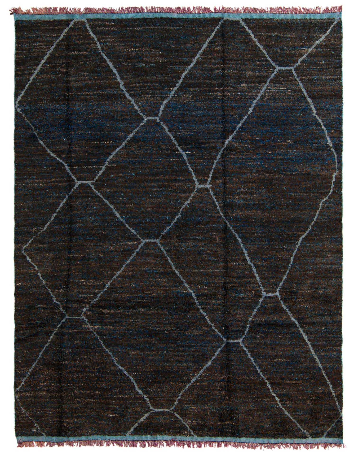A rectangular 8x10 brown and blue shag rug with a modern tribal diamond pattern, ideal for a living room.