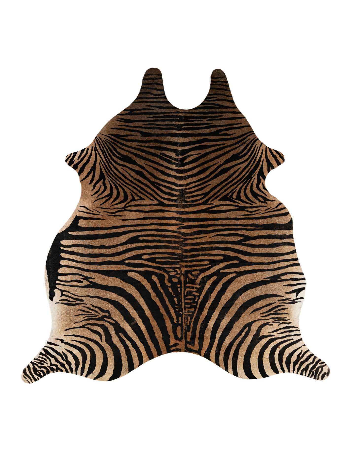A 6' 5 x 7' 0 freeform cowhide rug with a modern brown and tan zebra stripe pattern.