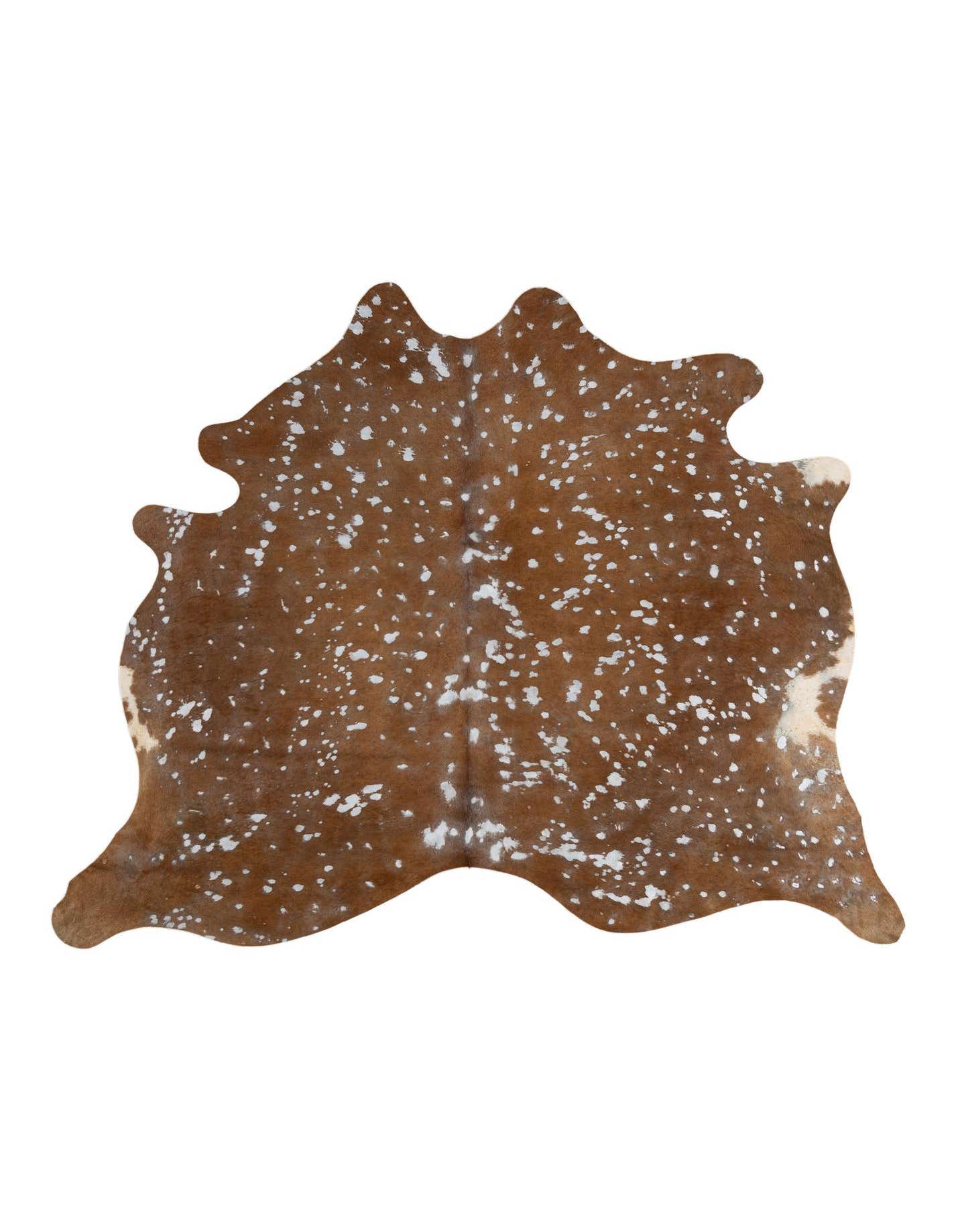 A 5'10" x 6'9" freeform brown and tan cowhide rug with white speckles, showcasing its unique natural shape.