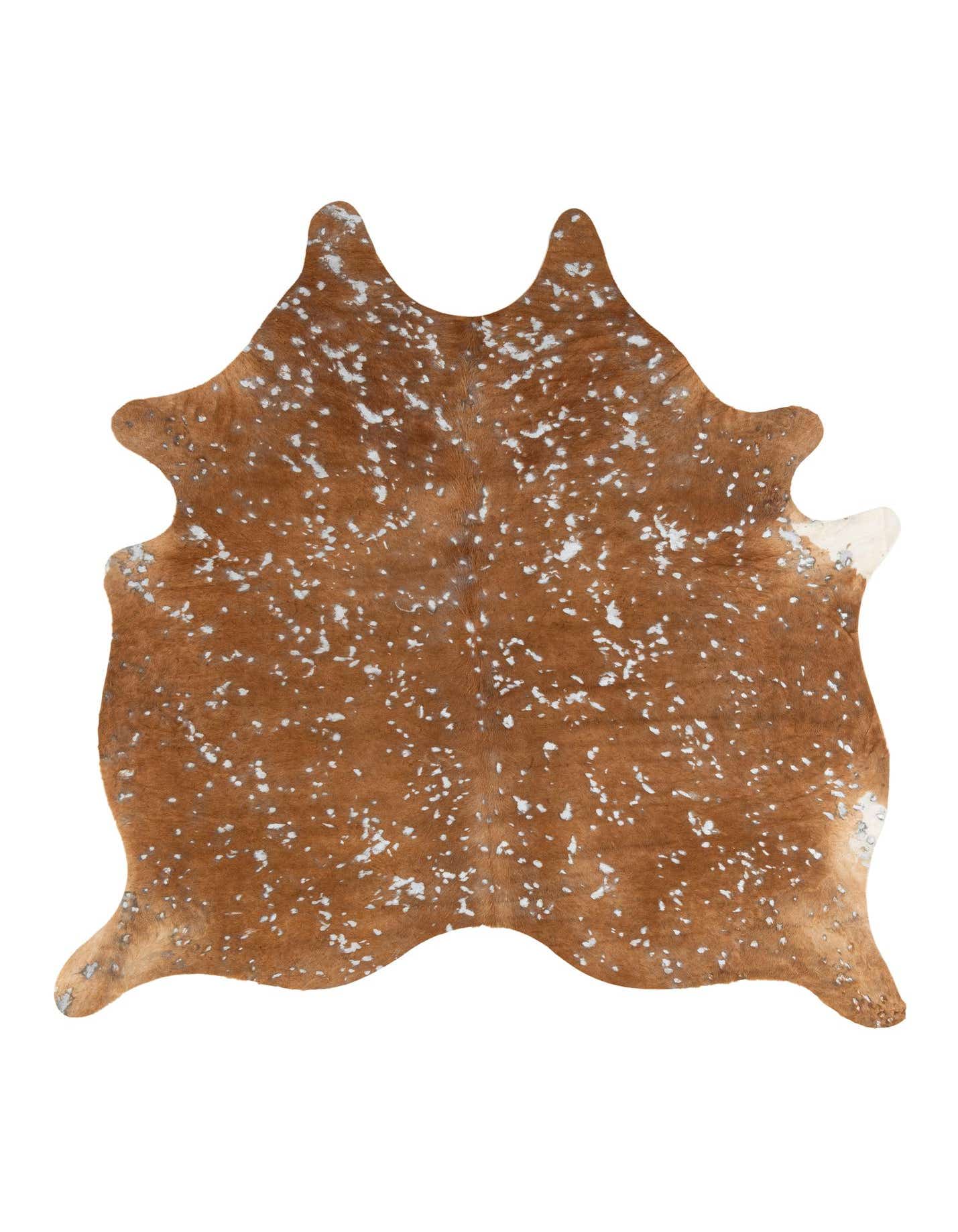 A 7' x 7' freeform cowhide rug in shades of brown and tan with white speckled accents, suitable for a modern living space.