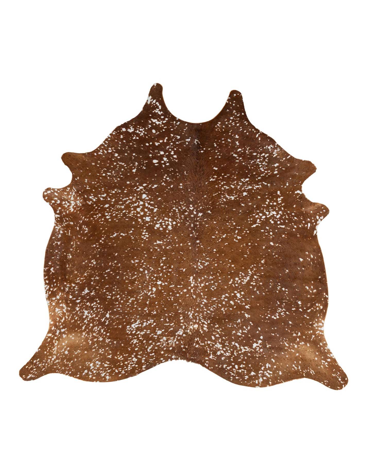 A freeform brown and tan cowhide rug with white speckles, showcasing its unique natural shape and modern style.