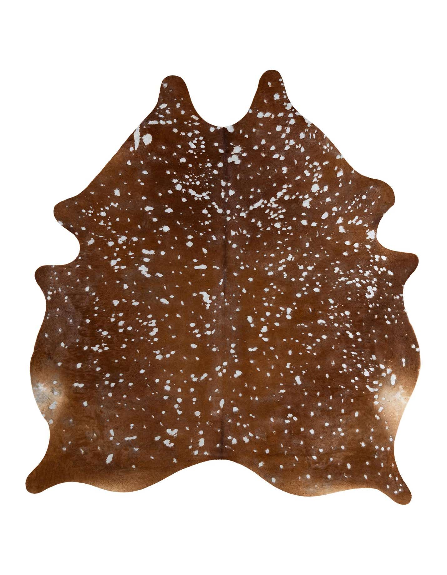 A 6' 5 x 7' 9 freeform cowhide rug in shades of brown and tan, featuring a modern speckled white pattern, suitable for indoor use.