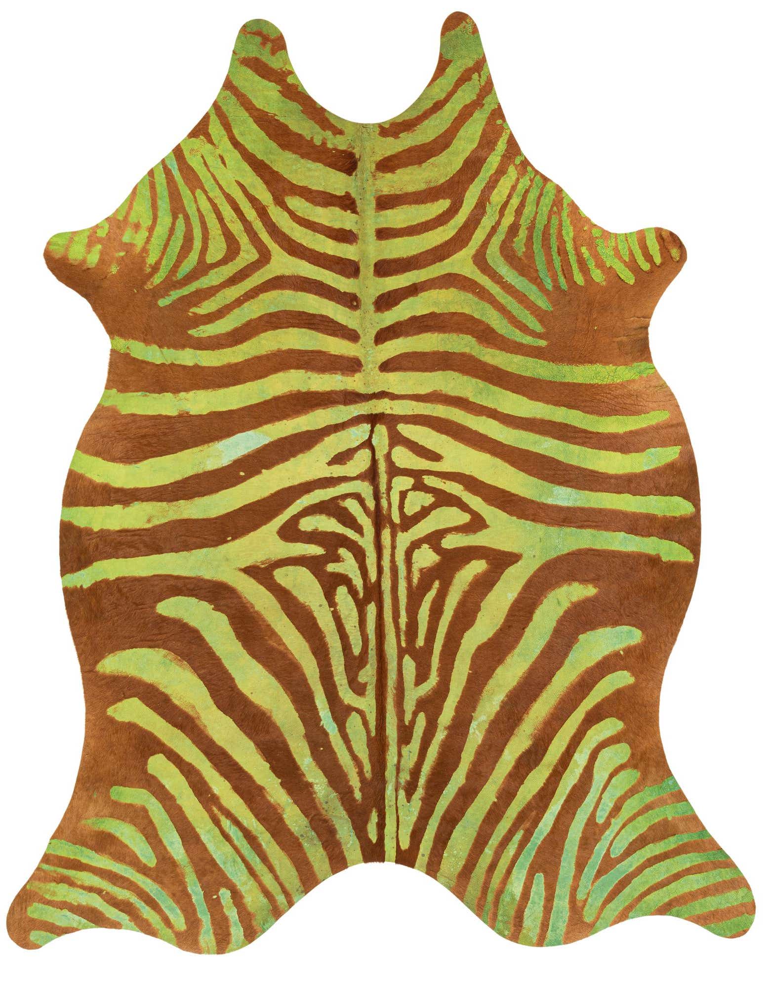 A 6'1" x 7'3" freeform cowhide rug featuring a brown base with vibrant lime green zebra stripes, suitable for a modern living space.