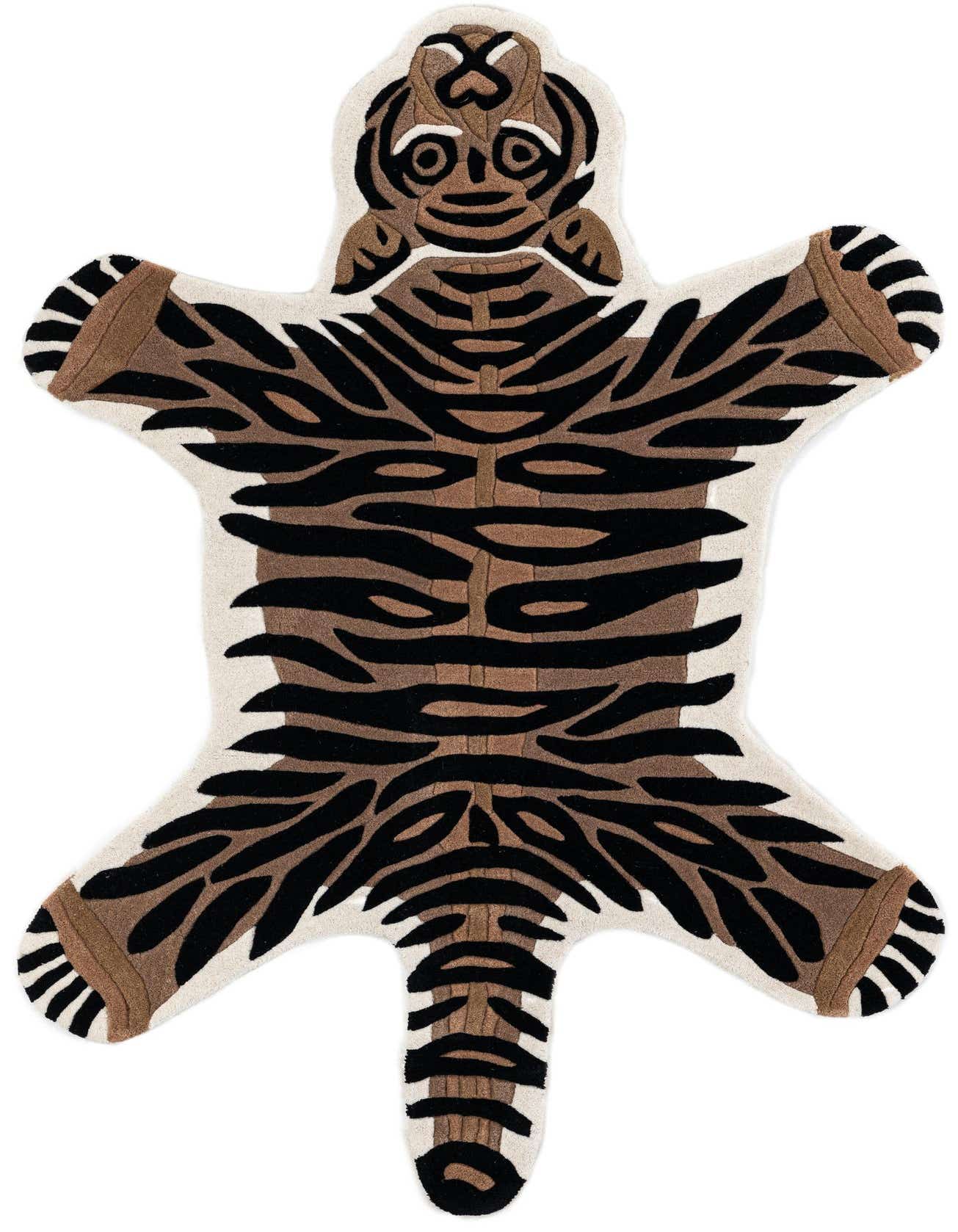 A freeform 4'1" x 6'1" brown and tan tiger-shaped wool rug with black stripes, featuring a playful, stylized tiger face.