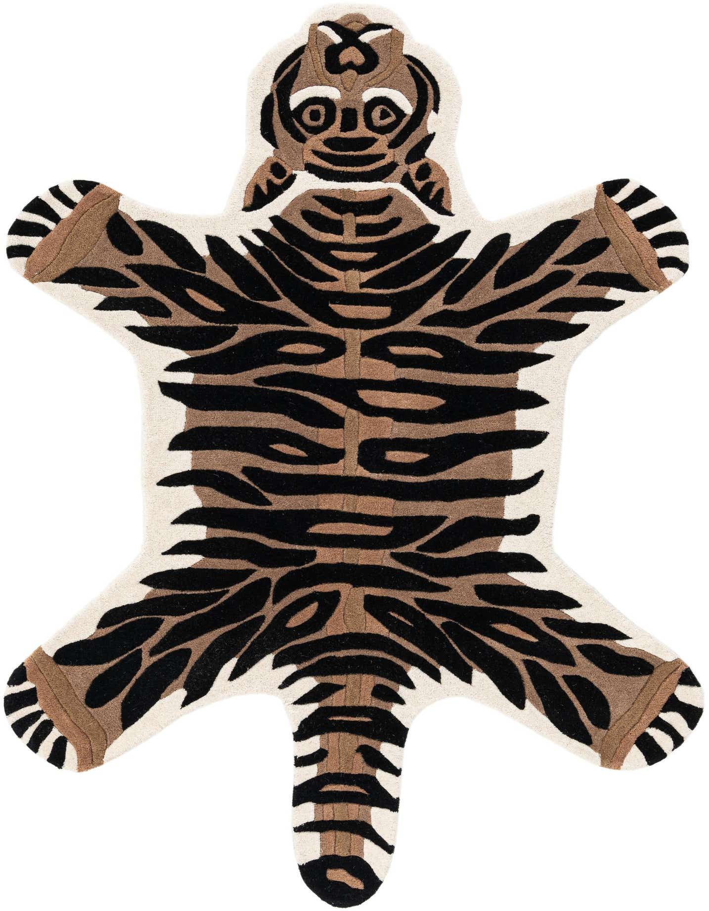 A freeform 5'1" x 7'1" indoor rug shaped like a playful brown and black tiger with a high pile.
