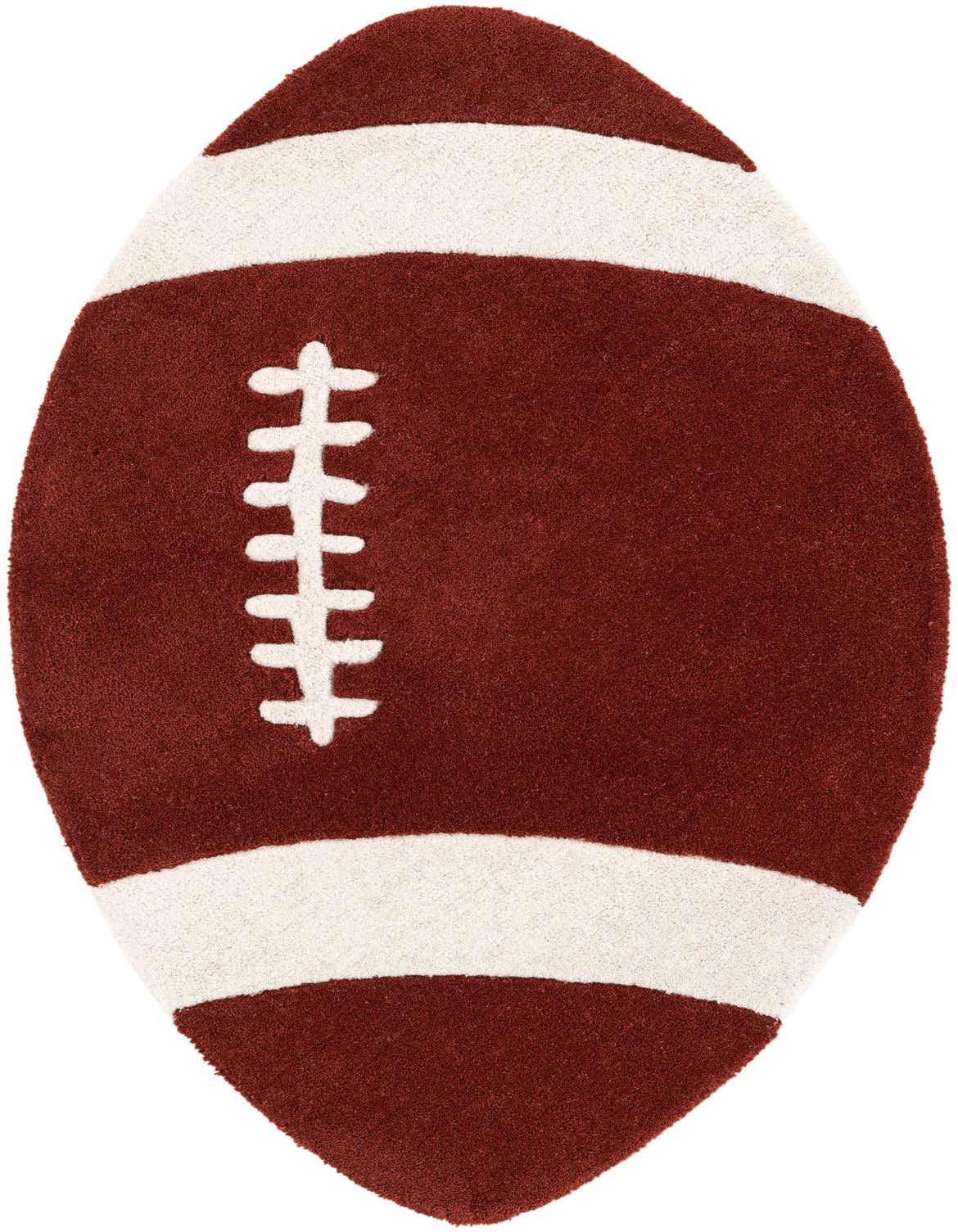 A 2' 5 x 4' 3 freeform brown and tan wool rug shaped like a football with white laces and stripes.