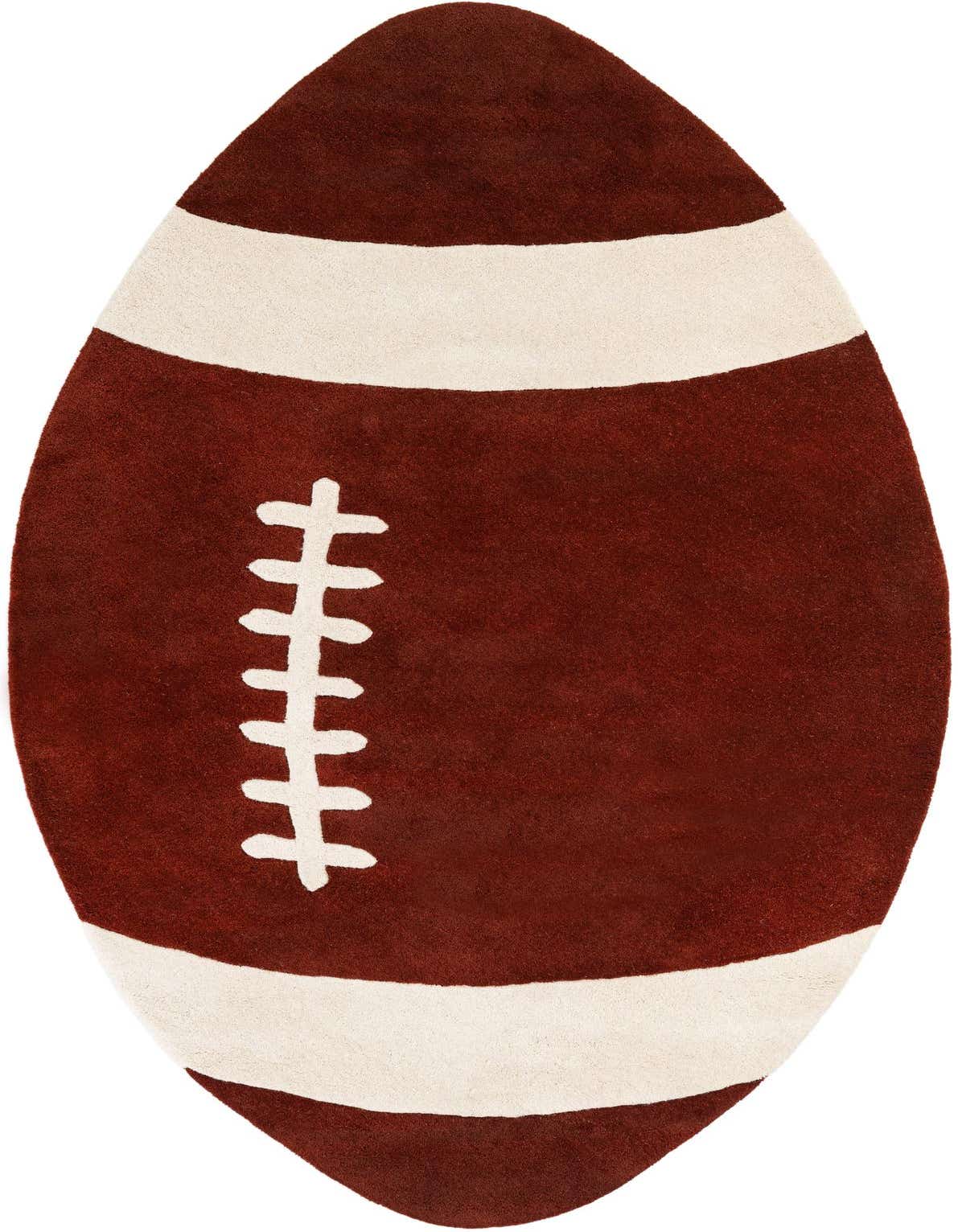 A large, freeform brown rug shaped like a football with white laces and stripes, perfect for a child's room.
