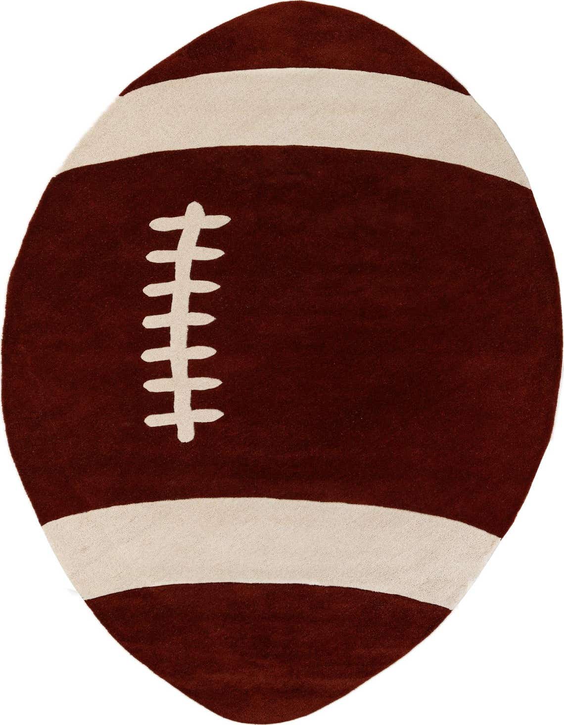 A large, freeform brown and tan wool rug shaped like a football, perfect for a child's play area.