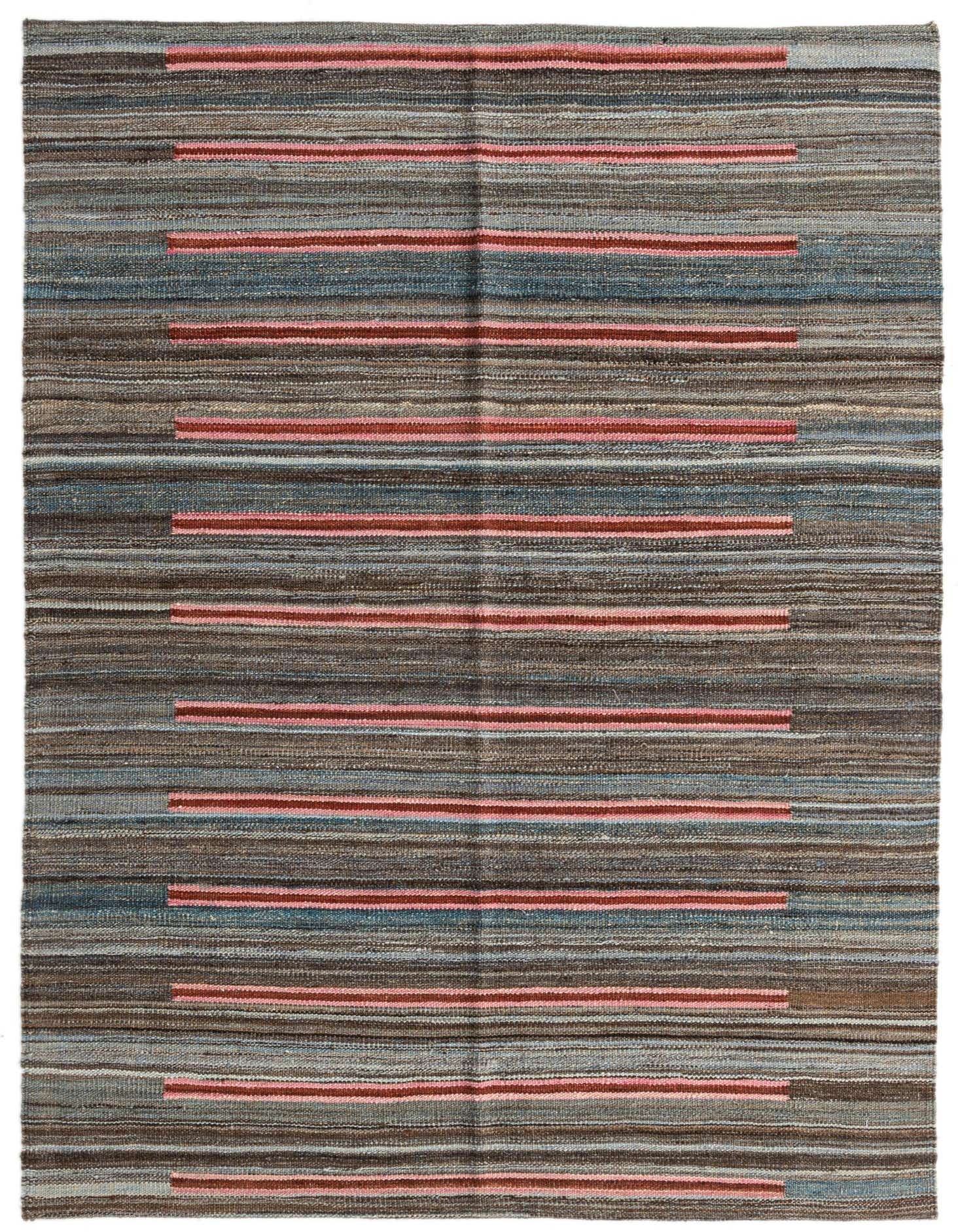 A 4x6 rectangular Kilim Modern wool rug featuring horizontal stripes in varying shades of brown, gray, blue, and pink.