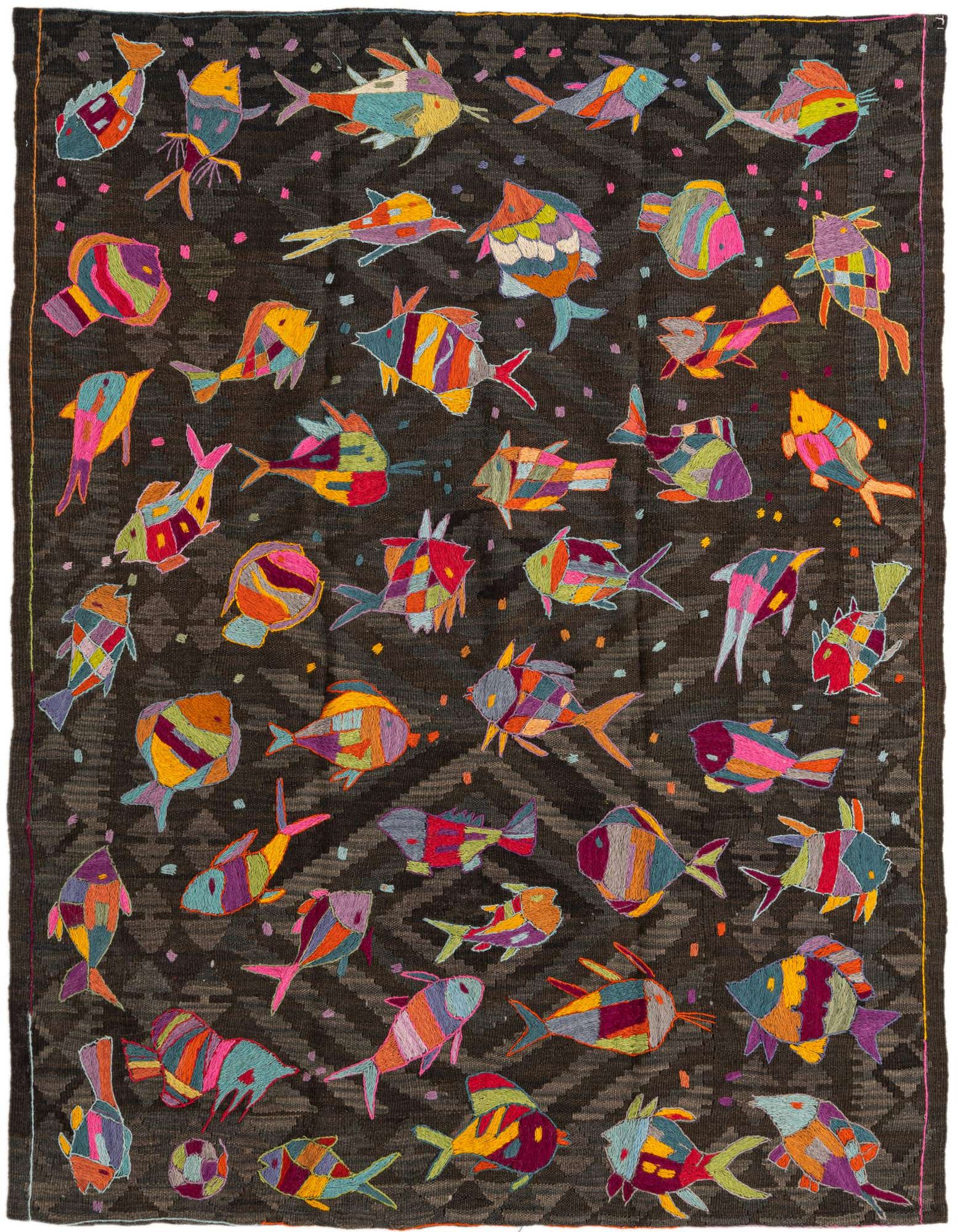 A 4x6 rectangular brown flatweave rug with a tribal pattern of colorful, embroidered fish and small dots.