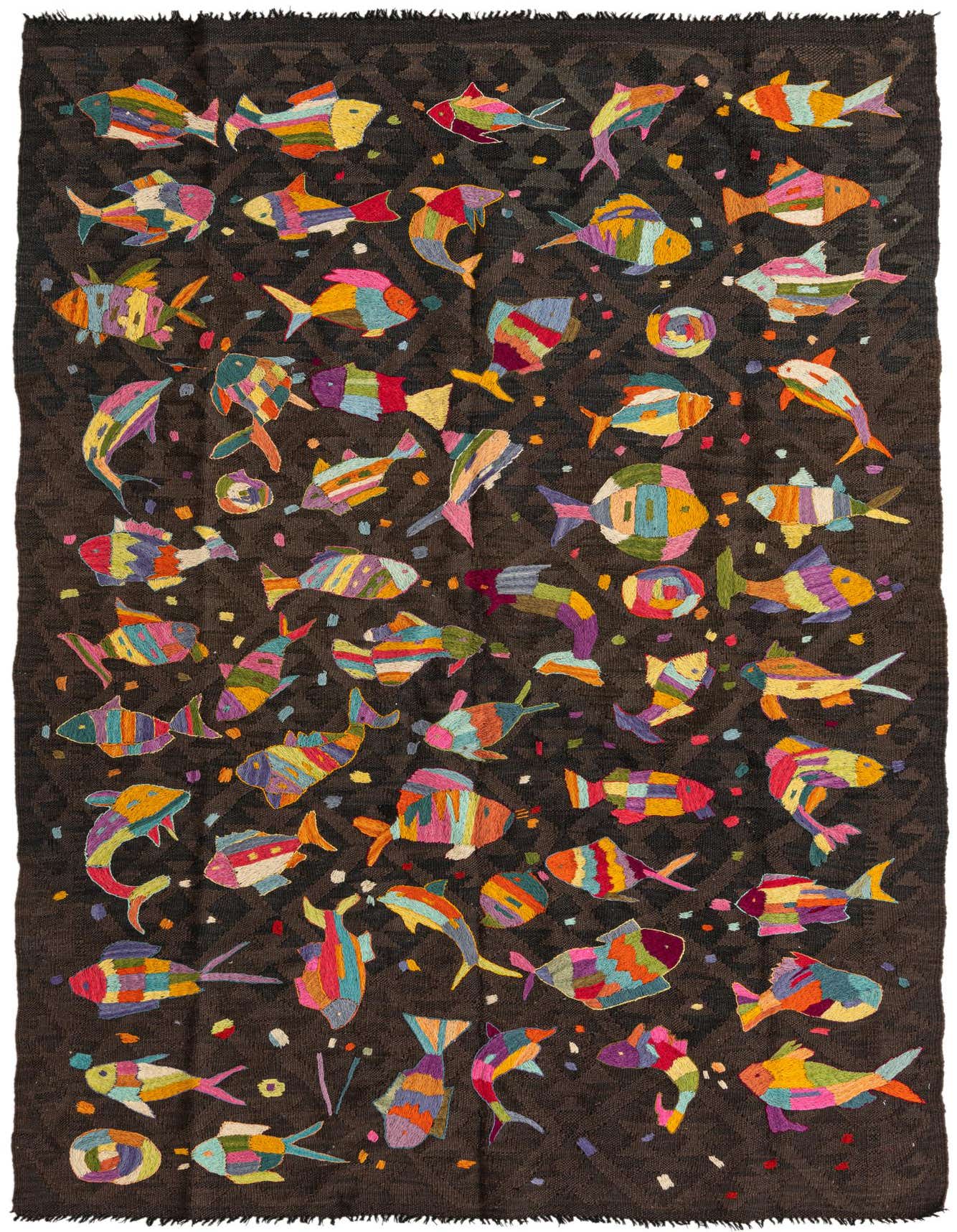 A 5x8 rectangular brown Kilim Suzani wool rug with a vibrant, multicolored fish pattern, ideal for a living room or entryway.