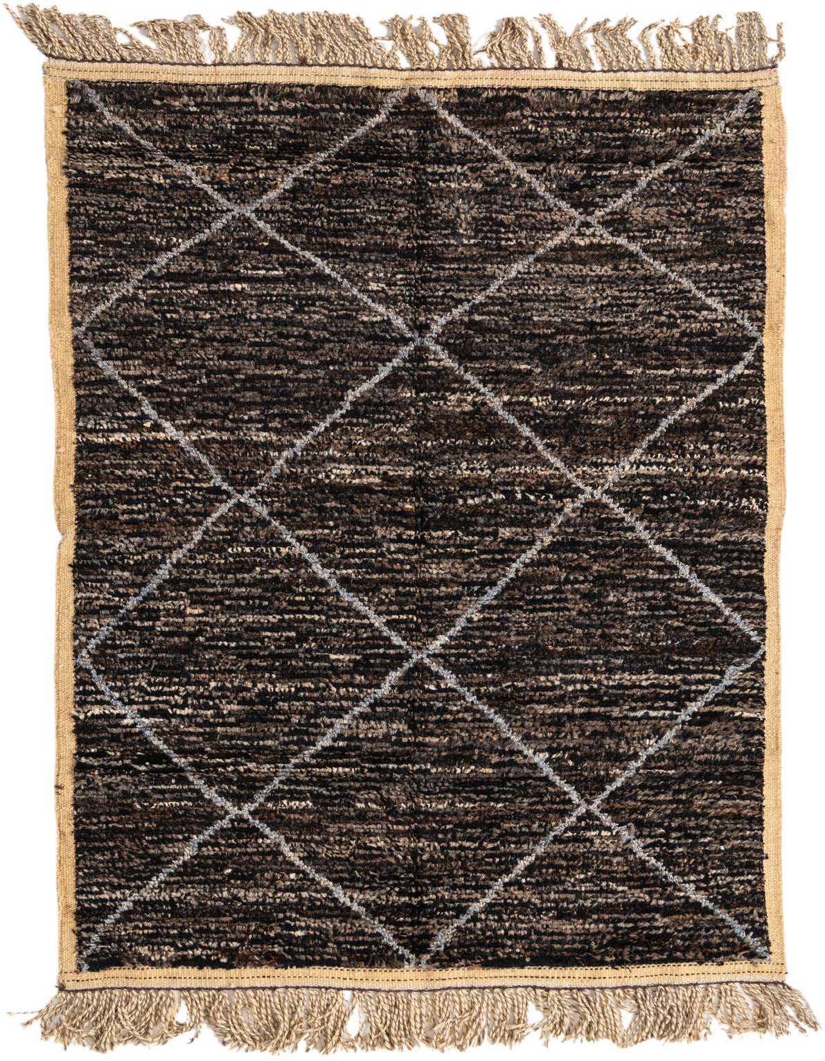 A 4x6 rectangular brown Moroccan shag rug with a diamond pattern and tan fringe, ideal for a living room.