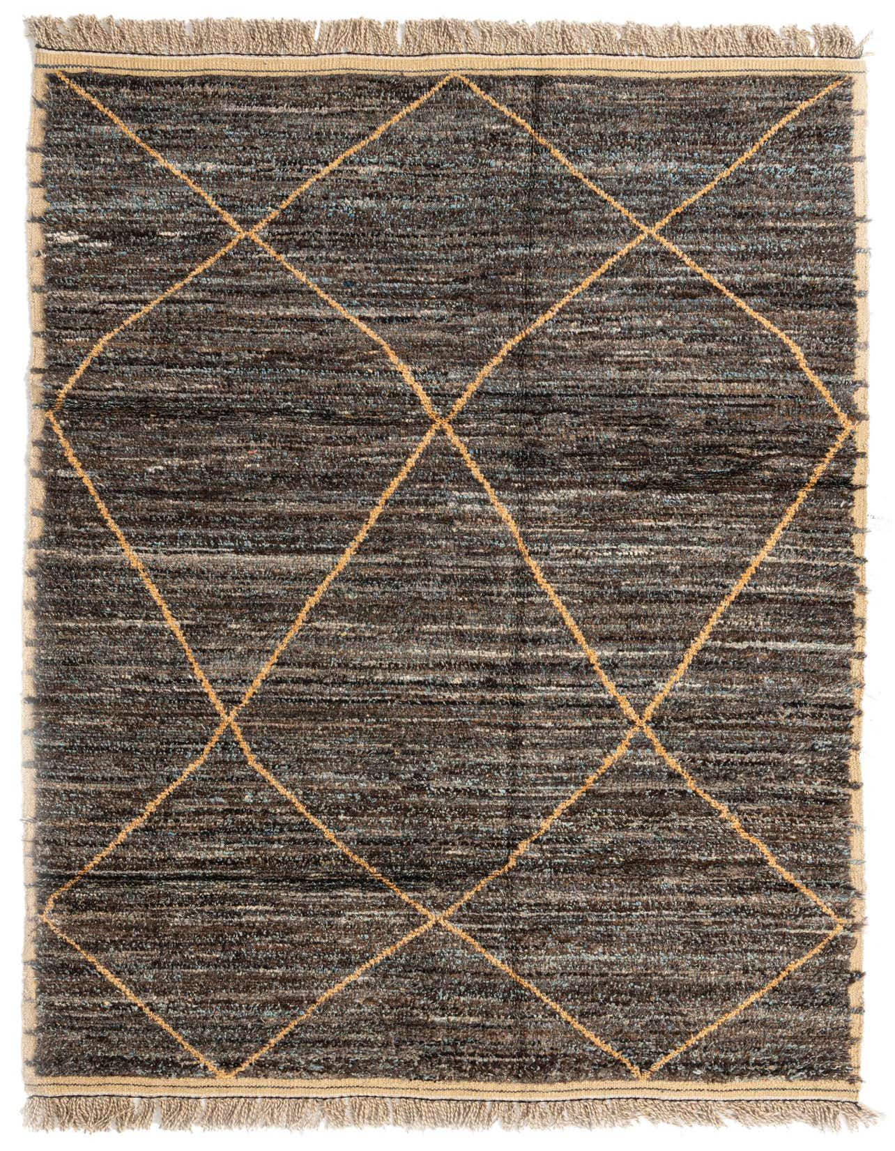 A 6x9 rectangular Moroccan shag rug in dark brown and gray with a tan diamond pattern and fringed ends.