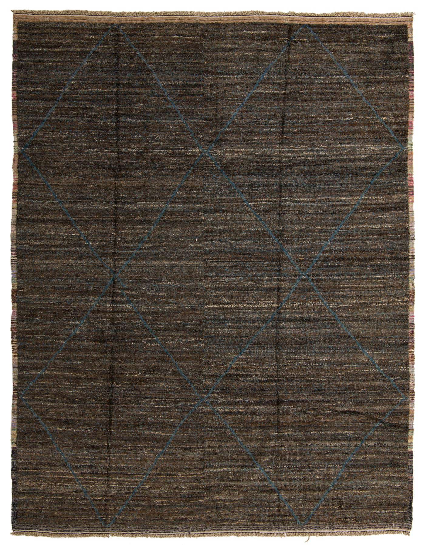 A 9x12 rectangular brown shag rug with subtle blue diamond patterns, suitable for a living room.