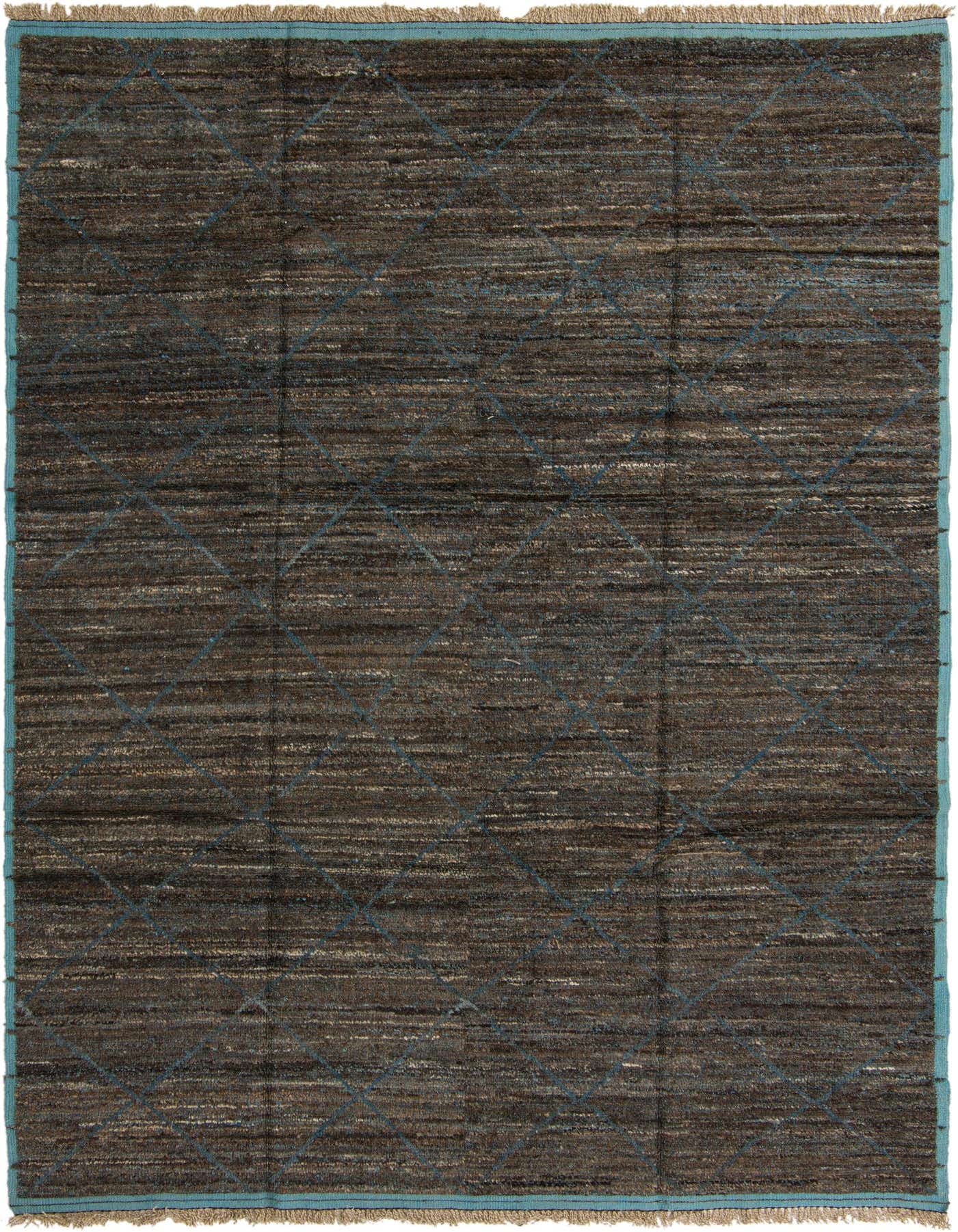 A 9x12 rectangular shag rug featuring a textured brown and gray base with subtle blue tribal diamond patterns and blue fringed edges.
