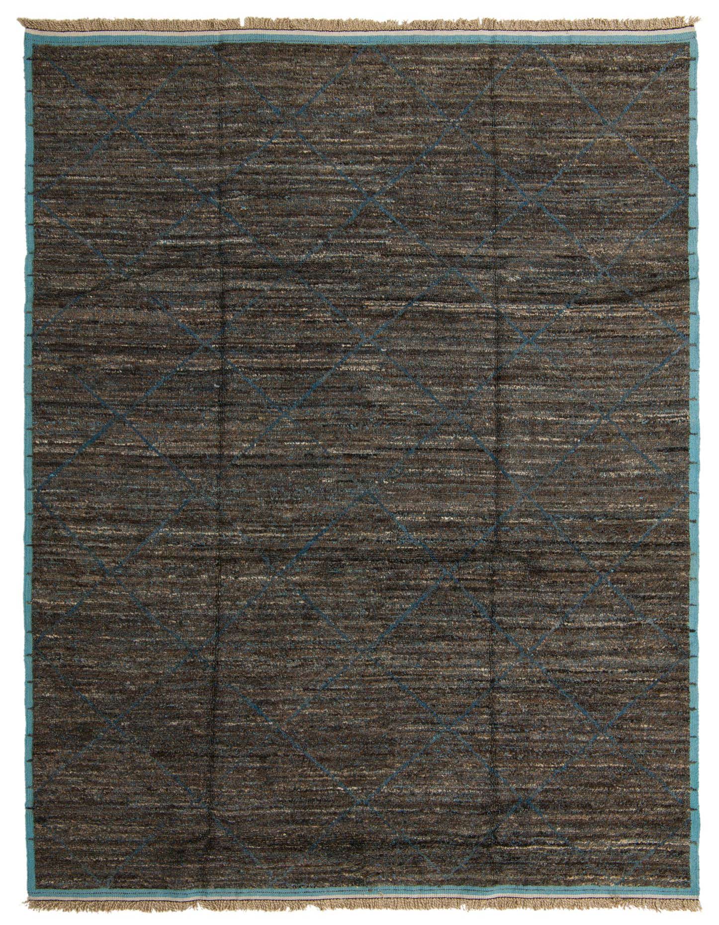 A 9x12 rectangular brown shag rug with a subtle blue tribal diamond pattern and blue border, ideal for a living room.