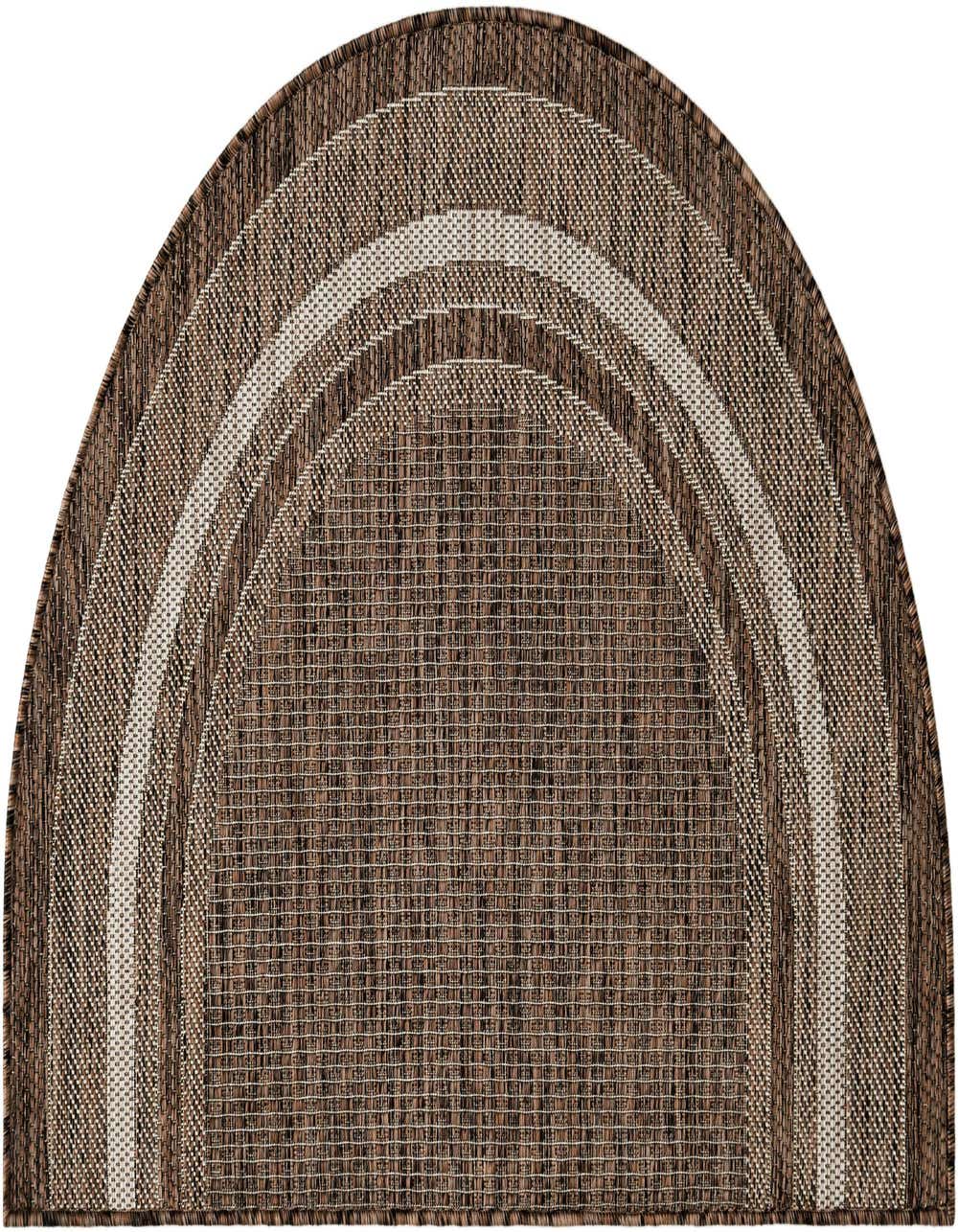 A 2' 7 x 4' 0 hearth-shaped brown and tan flatweave rug with a modern solid pattern, suitable for indoor or outdoor use.