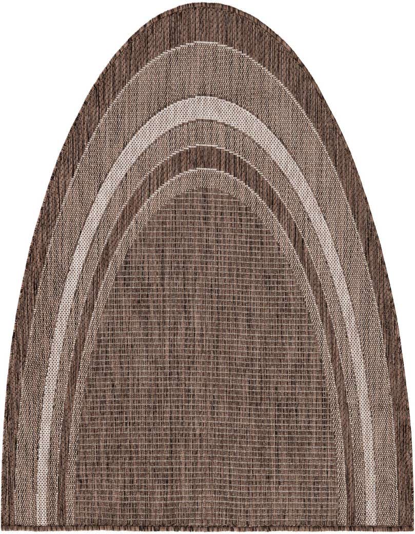 A 3'x6' brown hearth-shaped rug with concentric tan and brown striped borders, suitable for indoor or outdoor use.