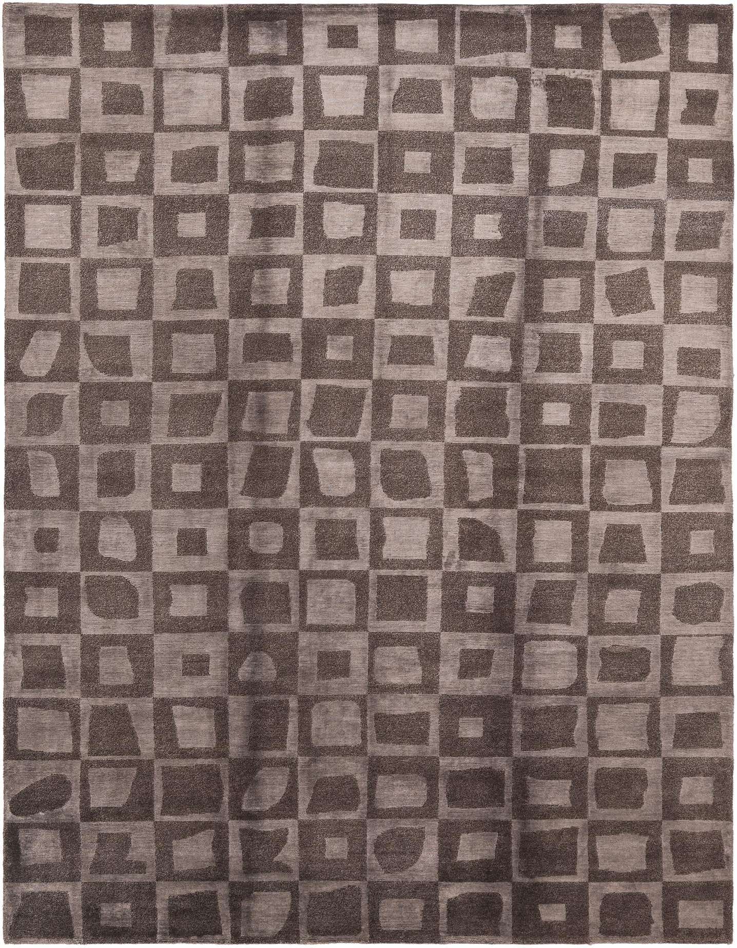 A 5x8 rectangular Darya rug with a modern, abstract checkerboard pattern in varying shades of brown and light brown.