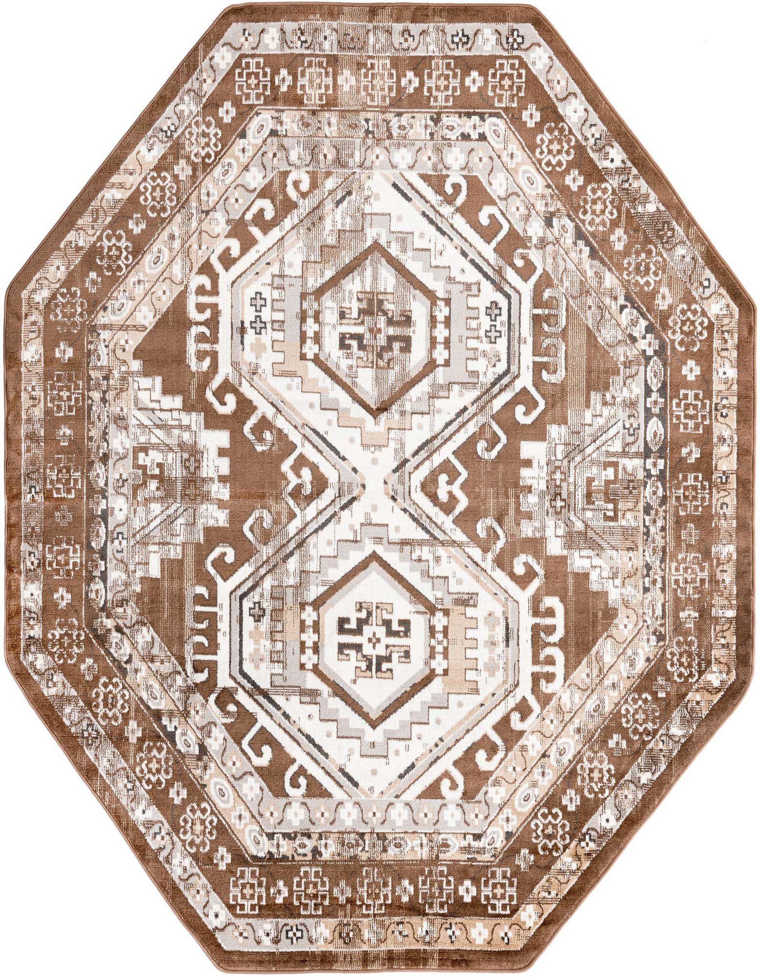 Octagon-shaped brown and tan area rug with traditional tribal patterns and a thin pile.