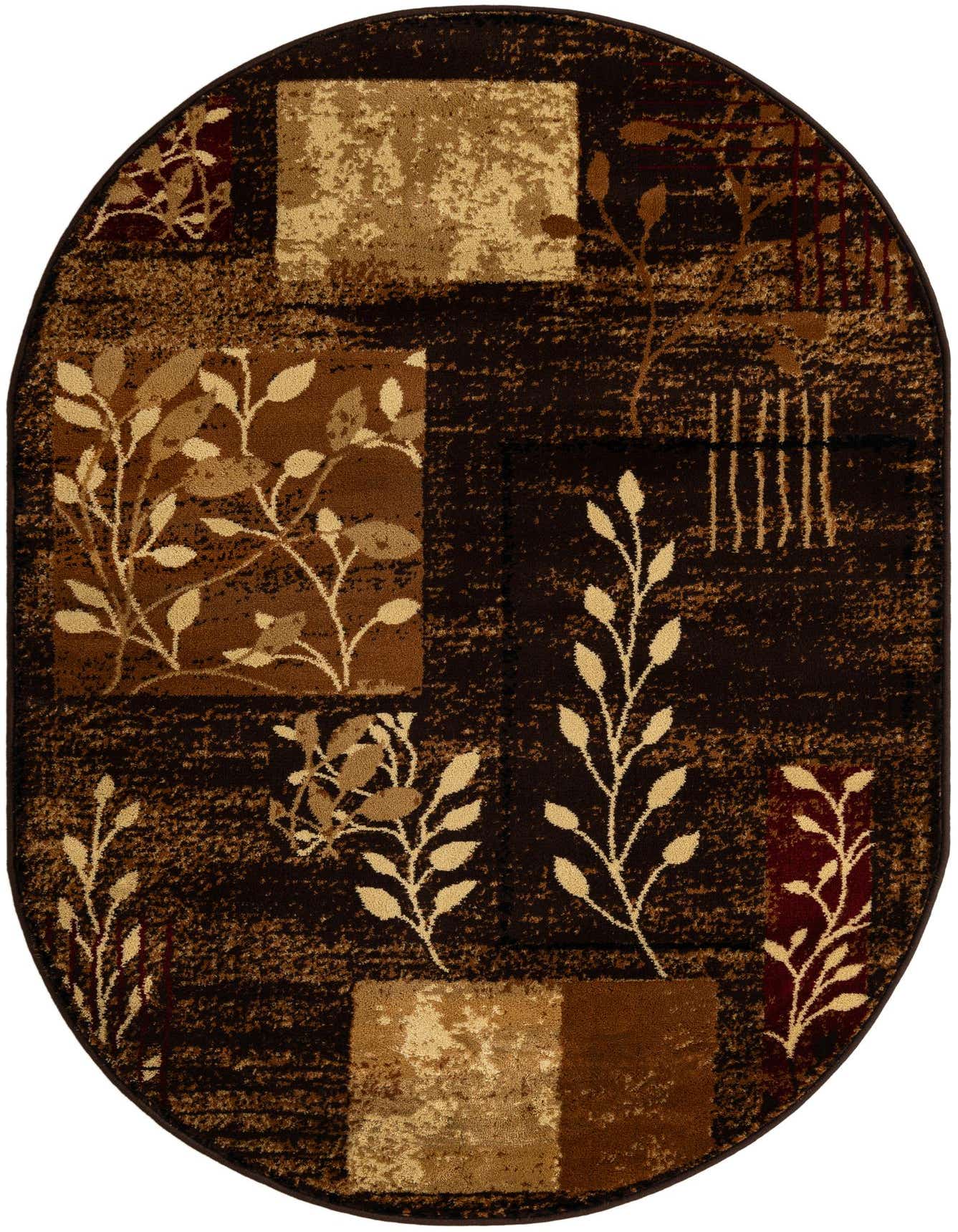 An oval brown rug with a modern botanical pattern featuring tan leaves, dark brown blocks, and abstract textures.