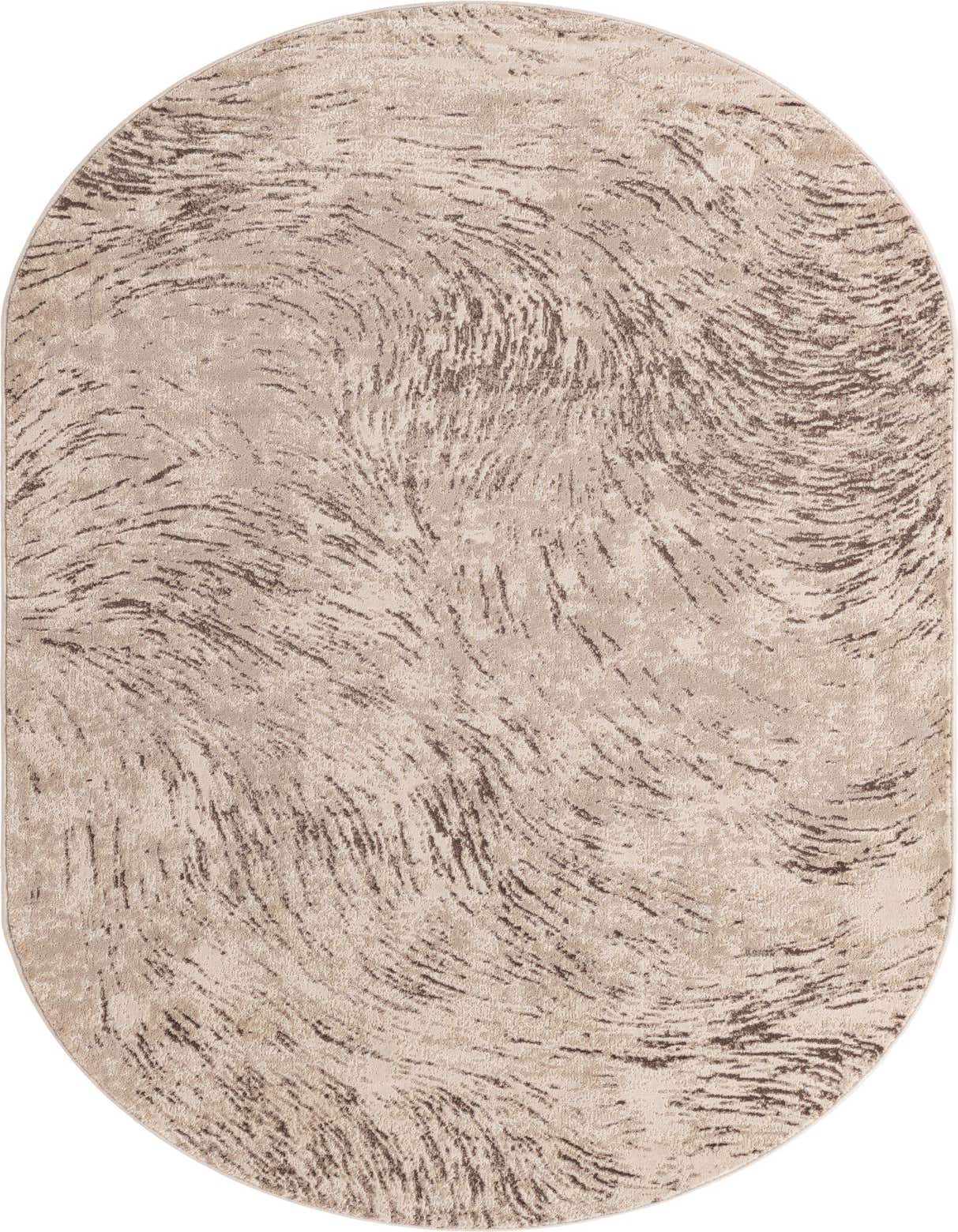 An oval 5'x8' brown and tan rug with a modern, textured, abstract swirl pattern, suitable for an indoor space.