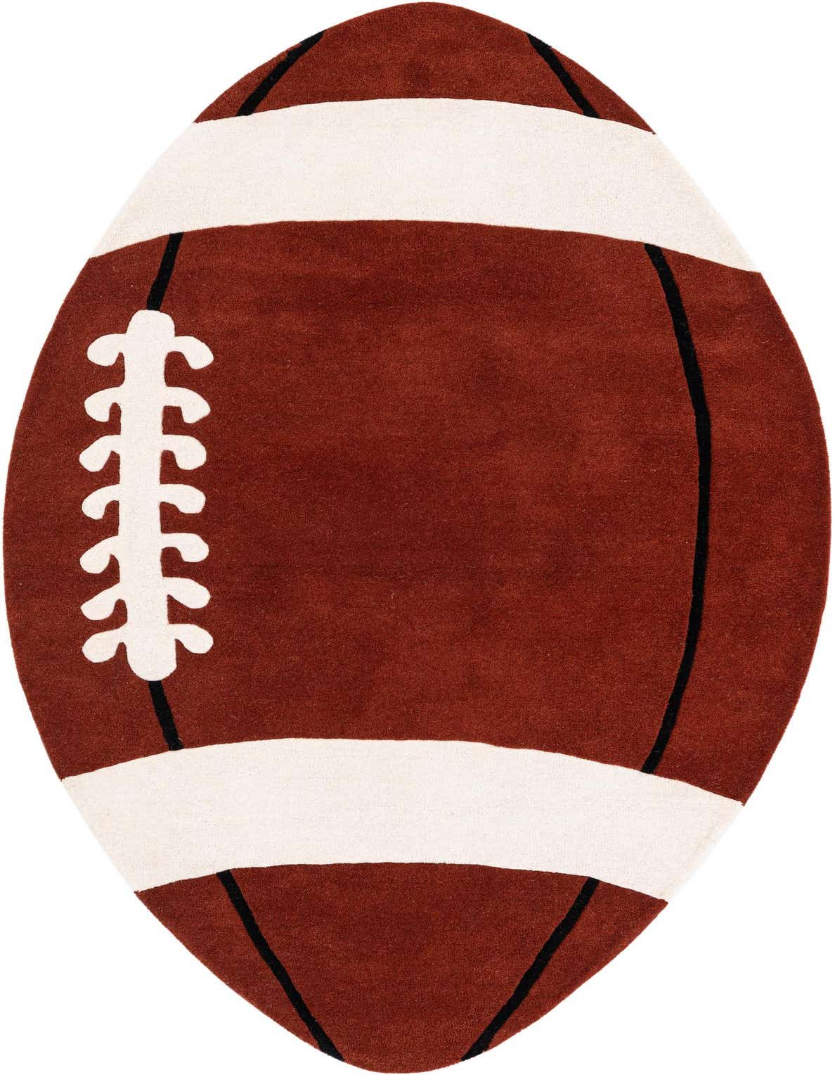 An oval brown rug shaped like a football, featuring white stripes and laces, perfect for a child's room.