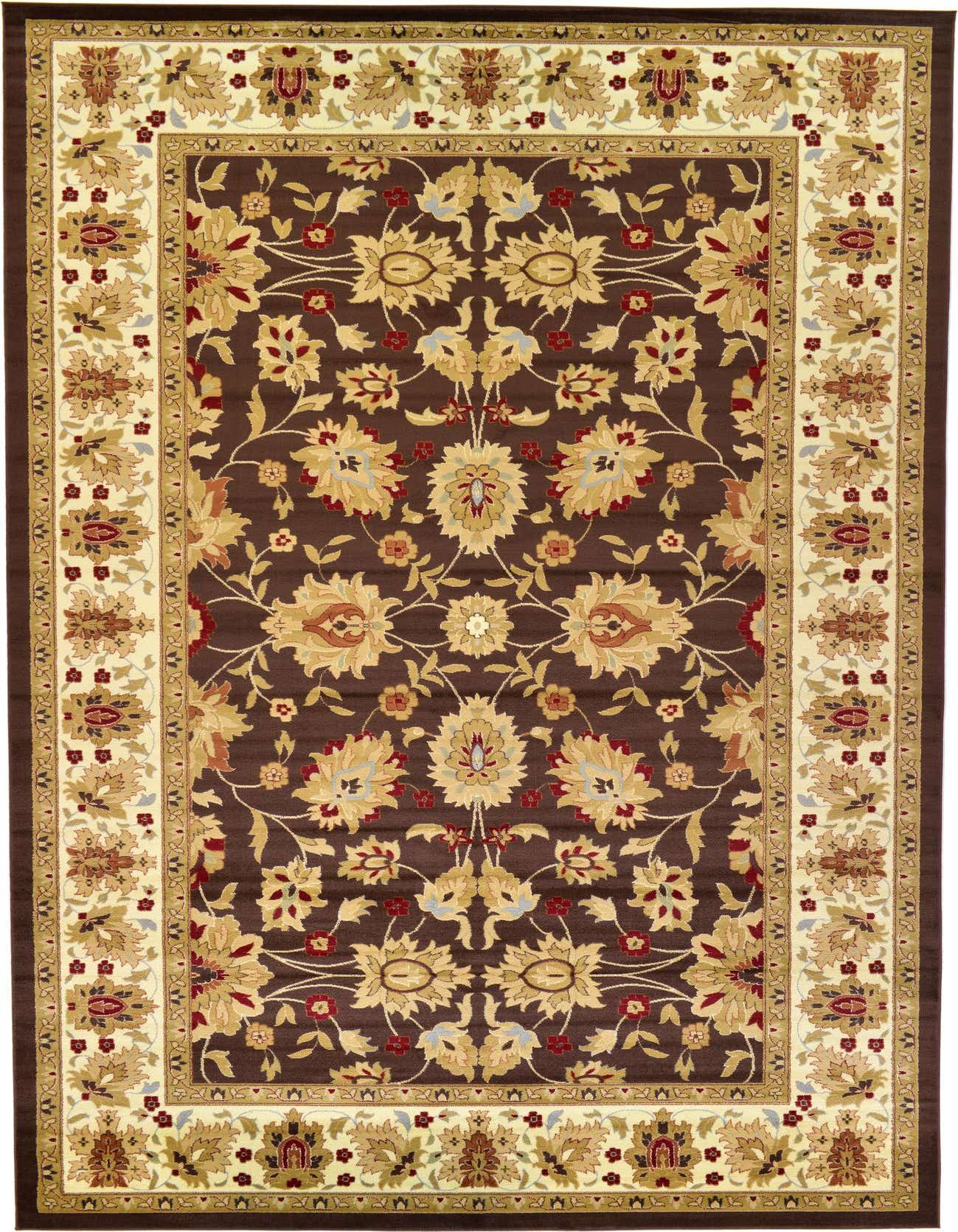 A 10x16 rectangular Aditi rug featuring a traditional brown field with tan, gold, and red floral Oriental patterns, bordered by a light cream and gold design.