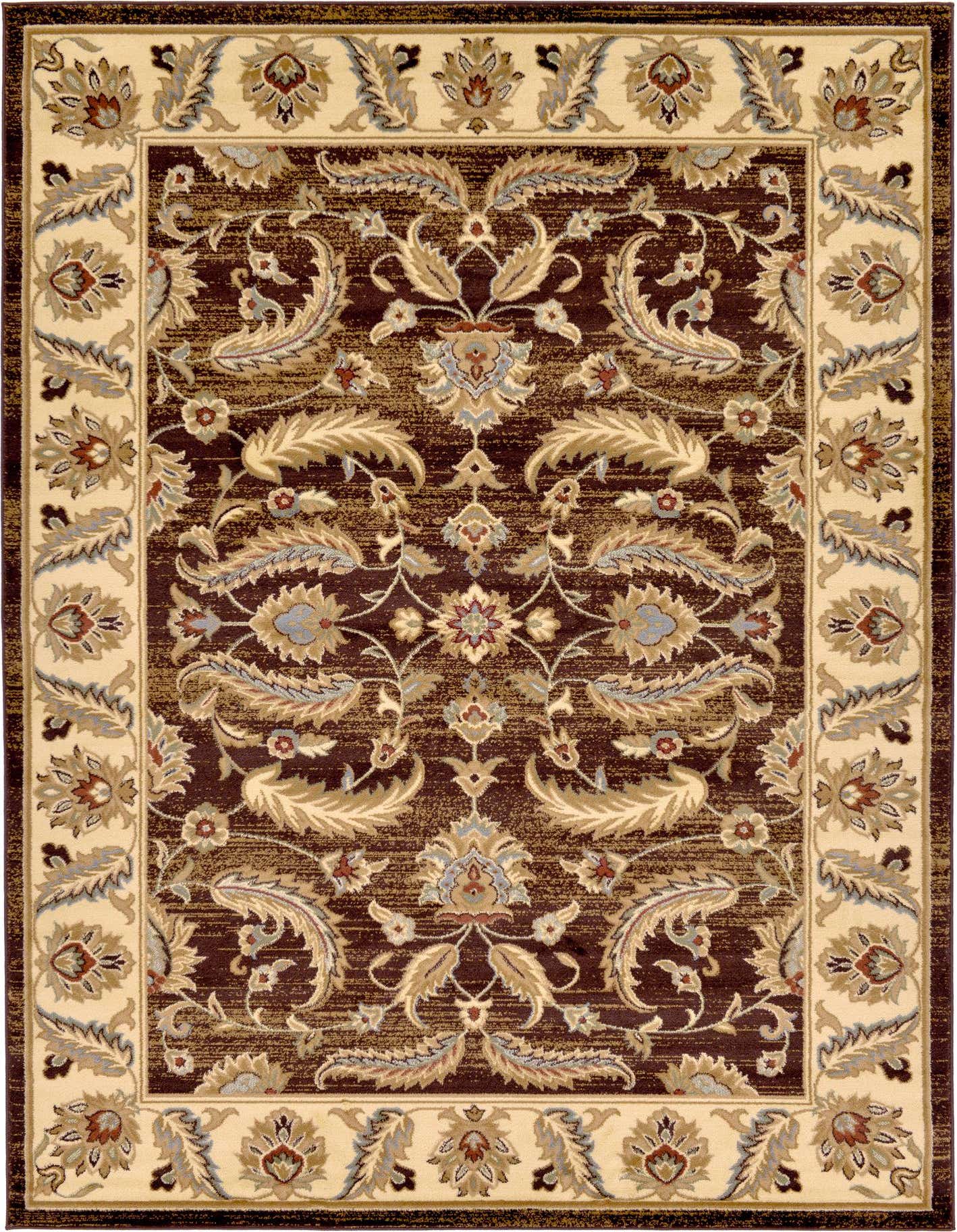 A 7x10 rectangular Aditi rug featuring a traditional floral pattern in rich browns, tans, and hints of blue and red.