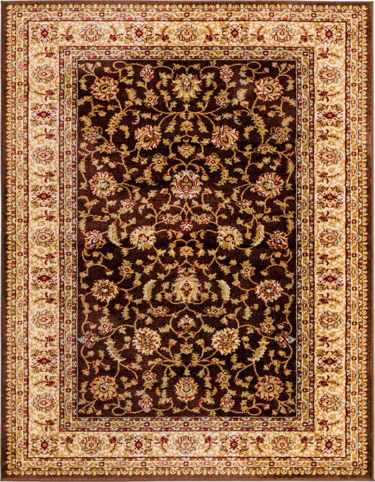 A rectangular 5x8 Aditi rug featuring a traditional floral pattern in rich browns and tans, ideal for a living room.
