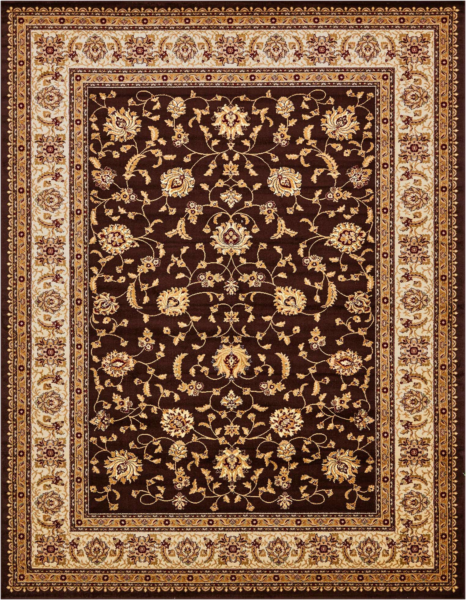 A 10x13 rectangular indoor rug featuring a traditional Oriental floral pattern in rich browns and tans.